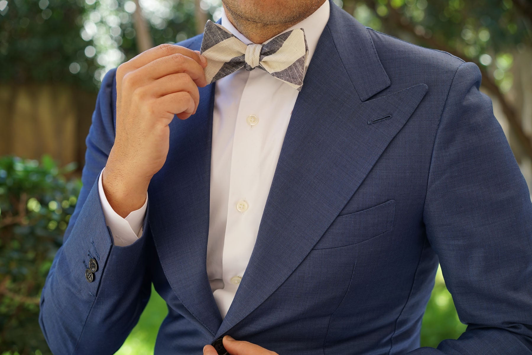 Kekova Blue Striped Linen Self Bow Tie