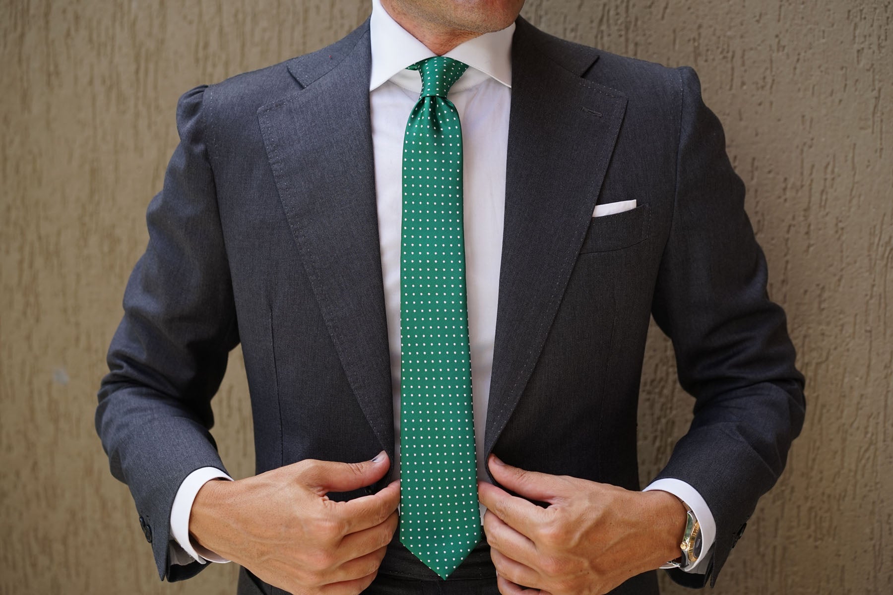 Green Skinny Tie with White Polka Dots