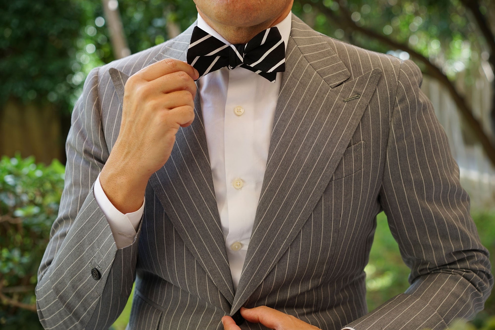 Onyx Black Pencil Striped Linen Self Bow Tie