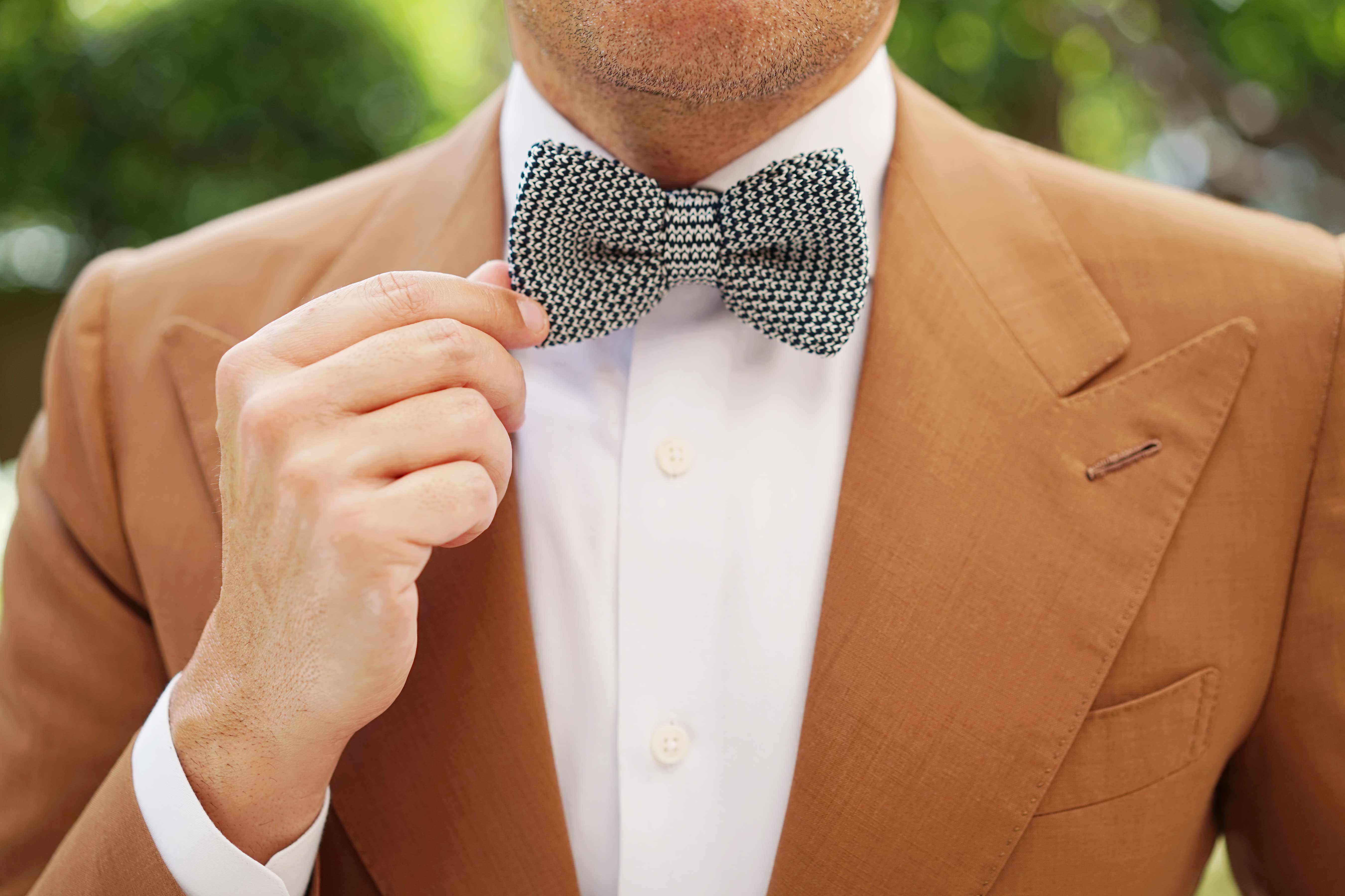 White with Navy Blue Knitted Bow Tie