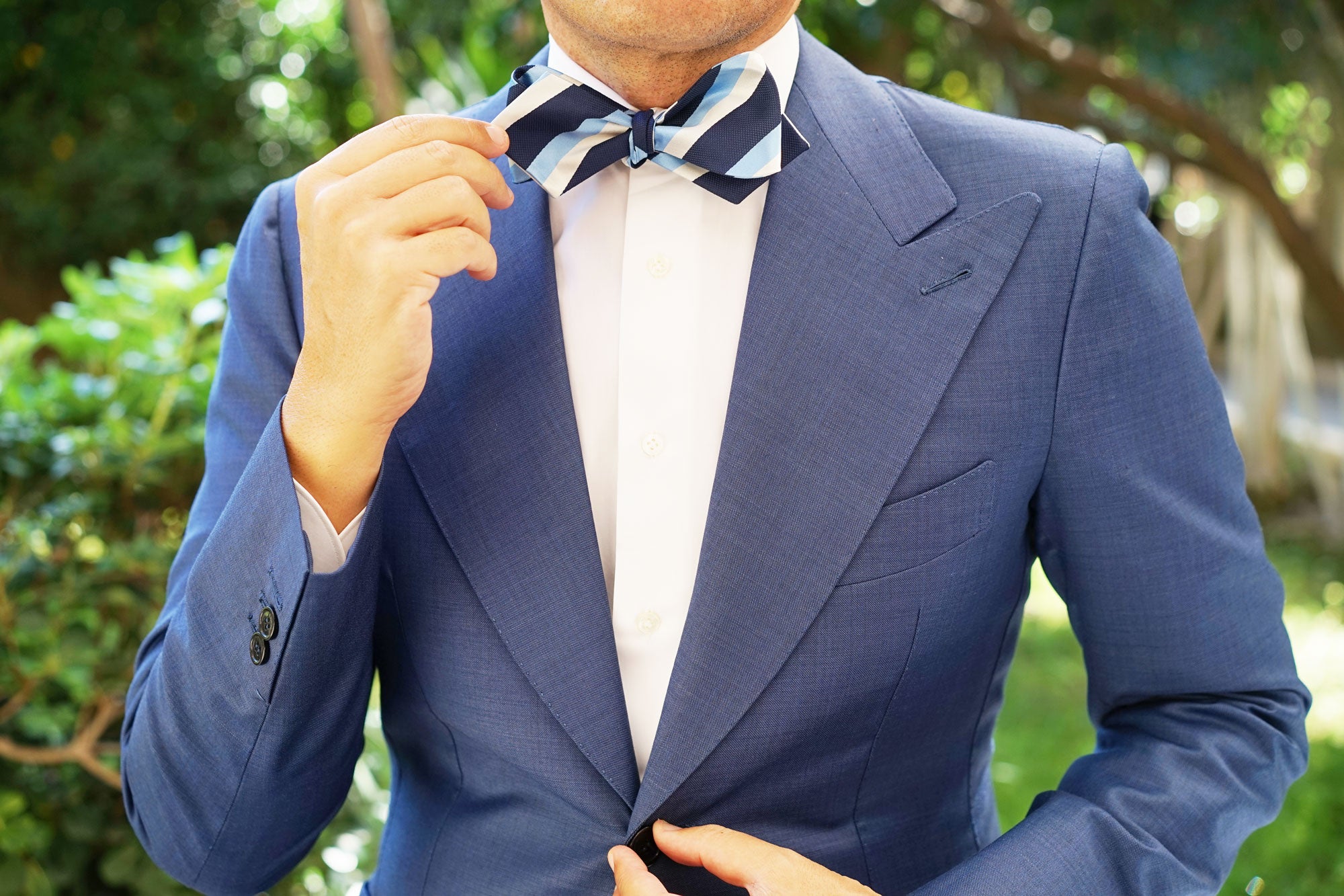 White Navy and Light Blue Striped Self Tie Diamond Tip Bow Tie