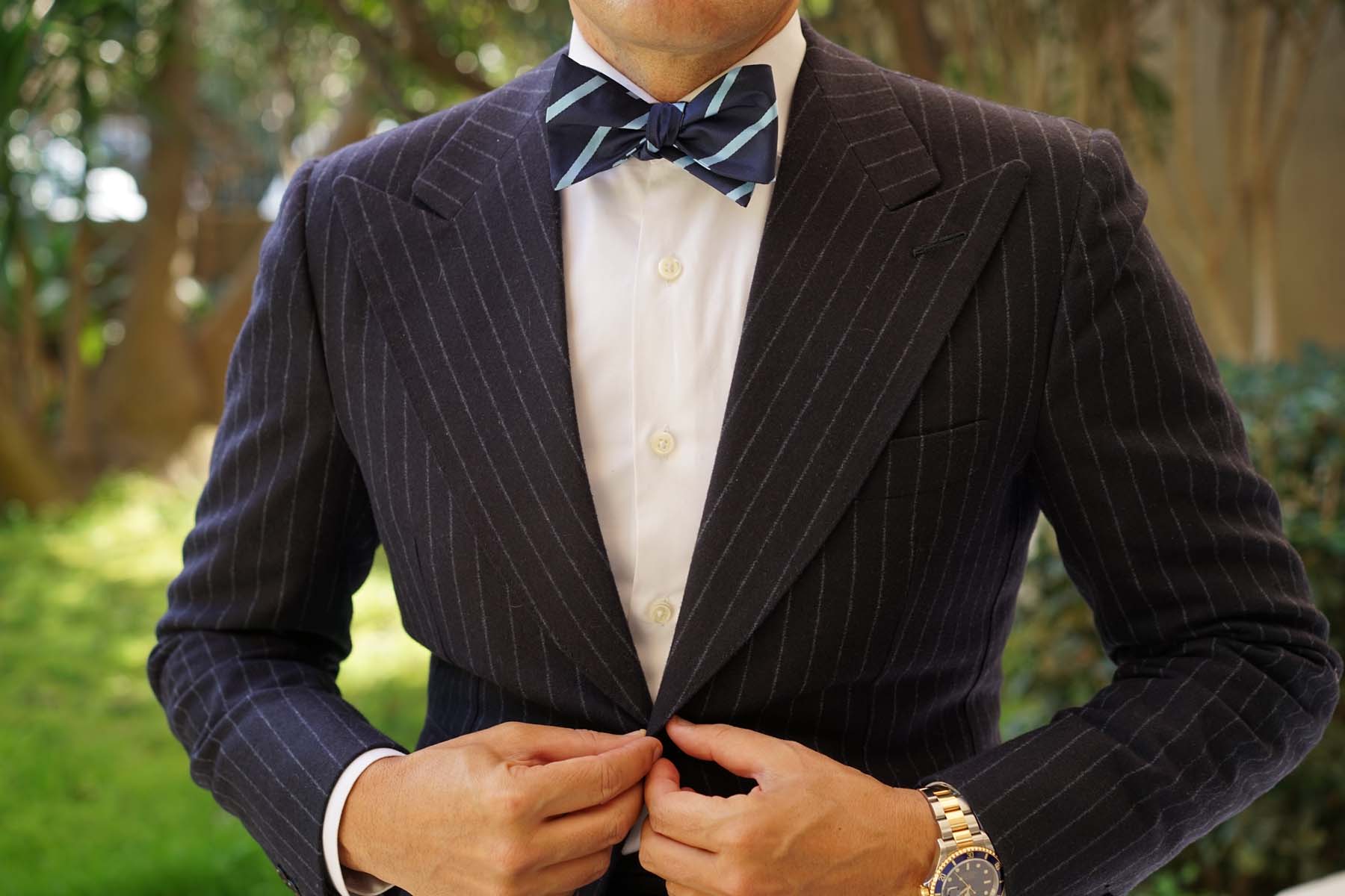 Blue Pencil Stripe Self Bow Tie