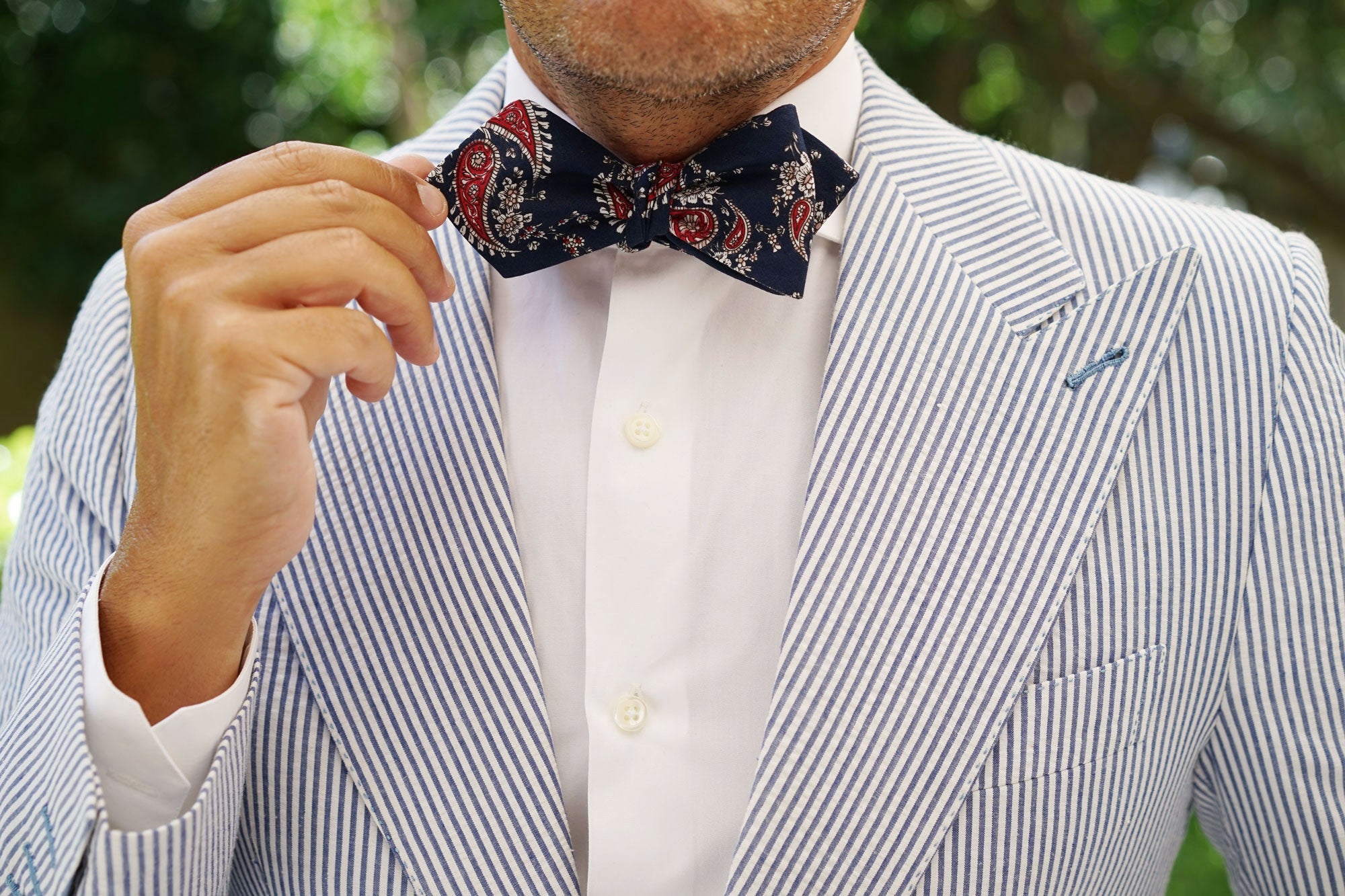 Trasimeno Blue with Red Paisley Diamond Self Bow Tie