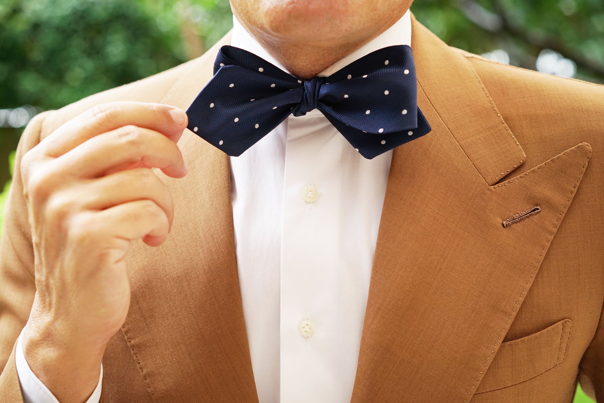 Navy Blue with White Polkadots Textured Self Tie Diamond Tip Bow Tie