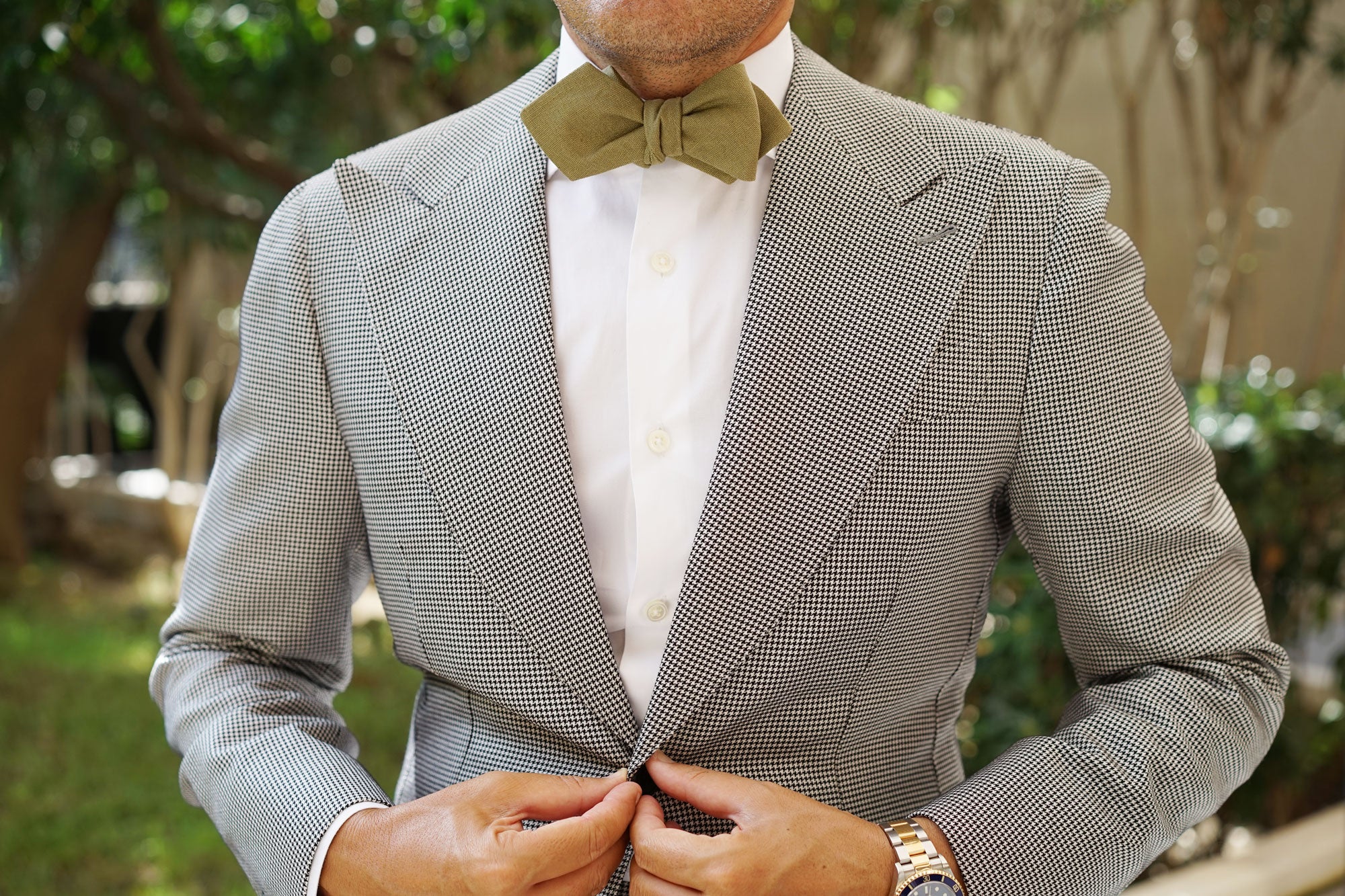 Dry Green Khaki Linen Diamond Self Bow Tie