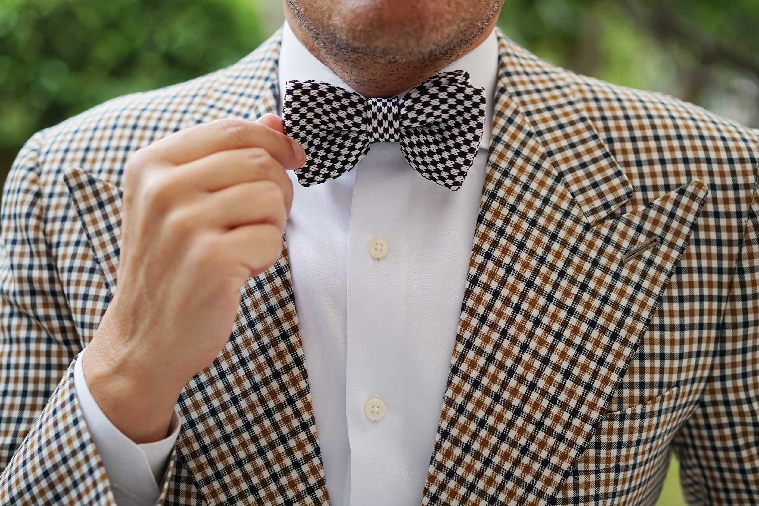 Black and White Checkered Knitted Bow Tie