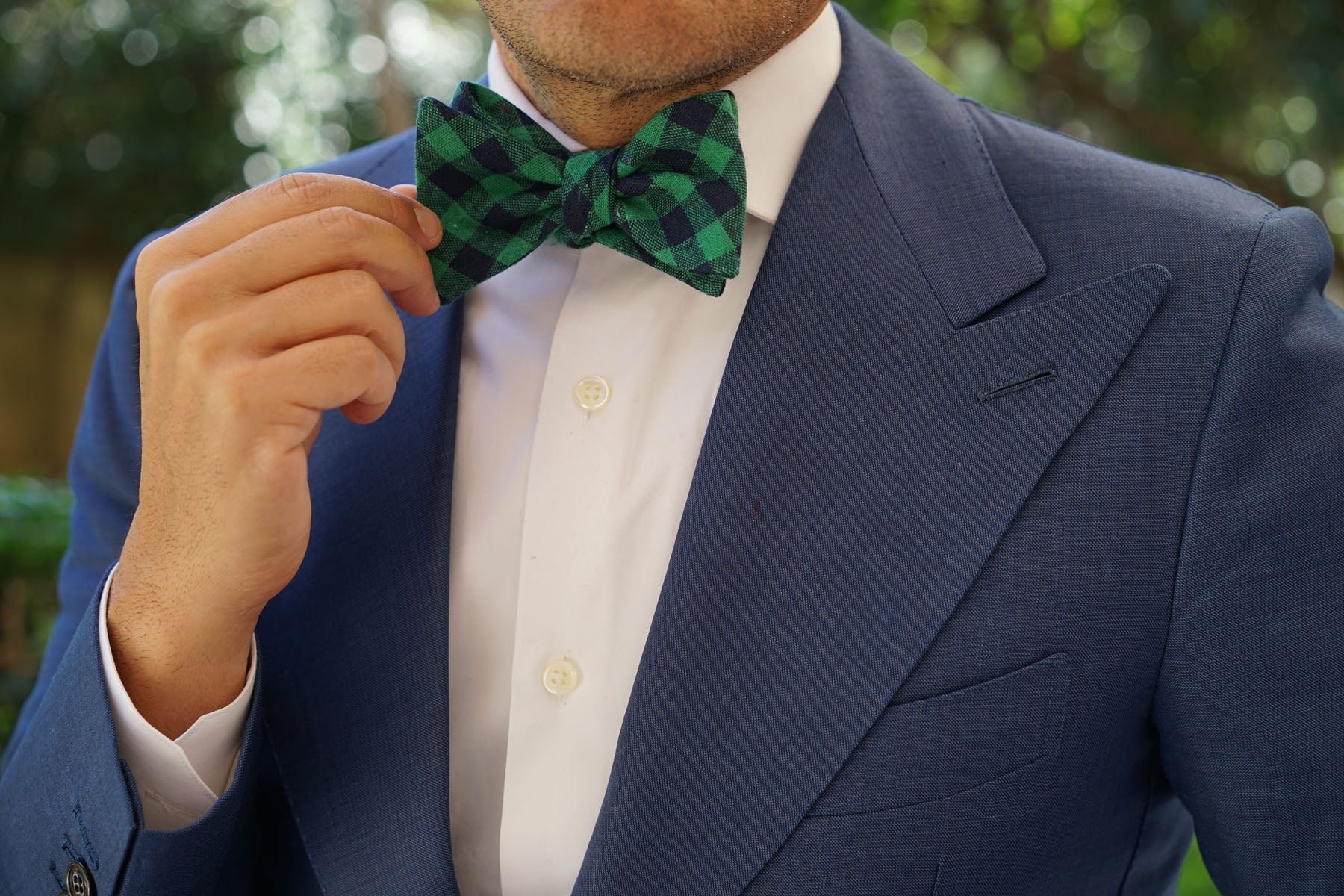 Raw Green Gingham Linen Self Bow Tie