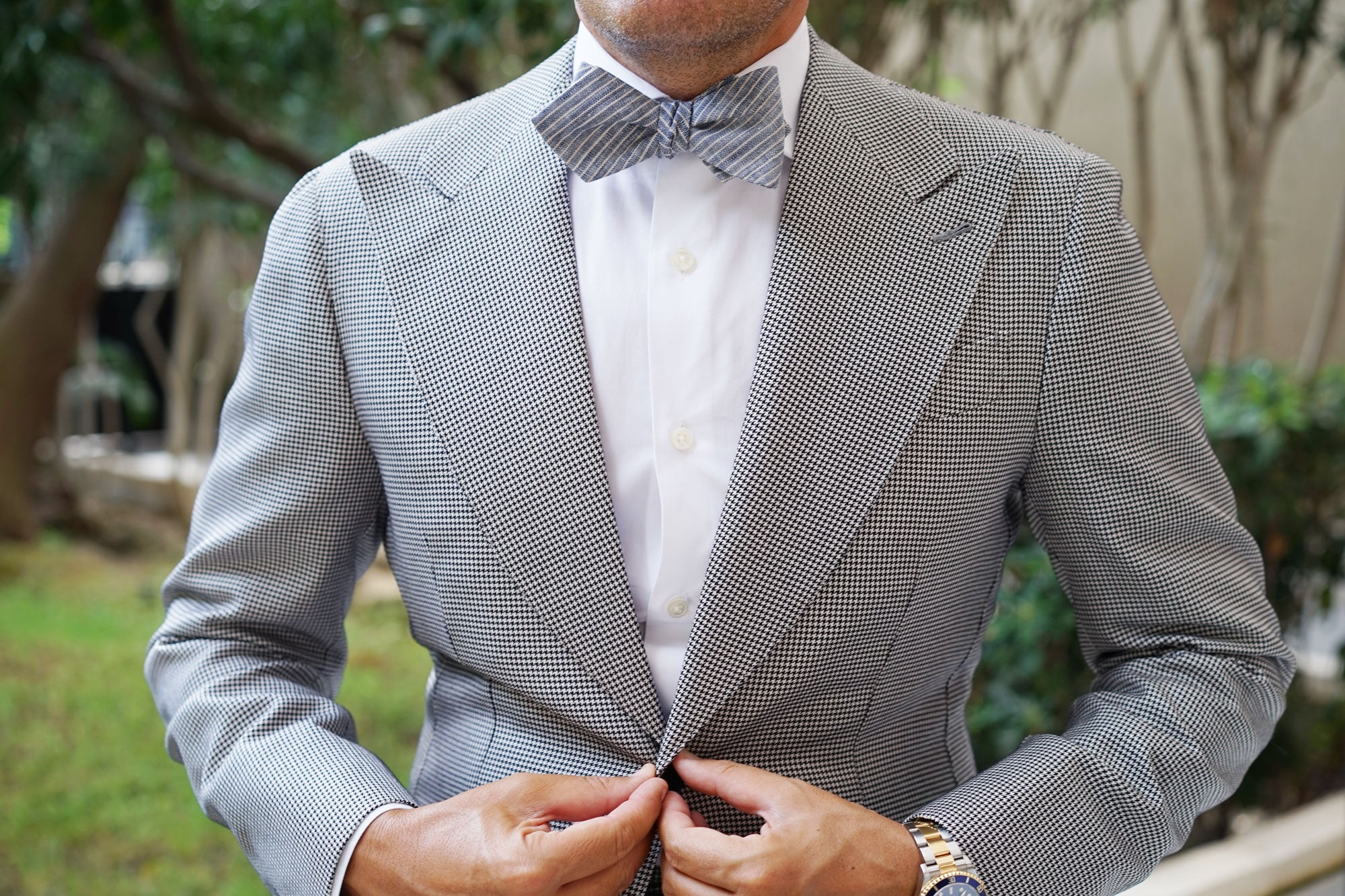 Blue Dry Cold Linen Pinstripe Diamond Self Bow Tie