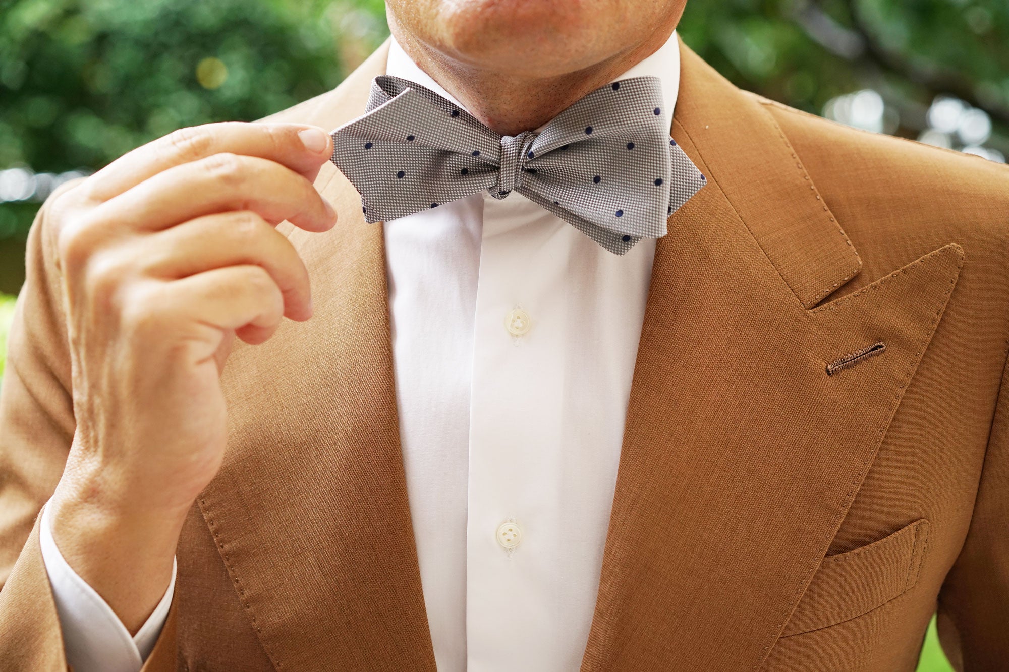 Grey with Navy Blue Polkadots Textured Self Tie Diamond Tip Bow Tie