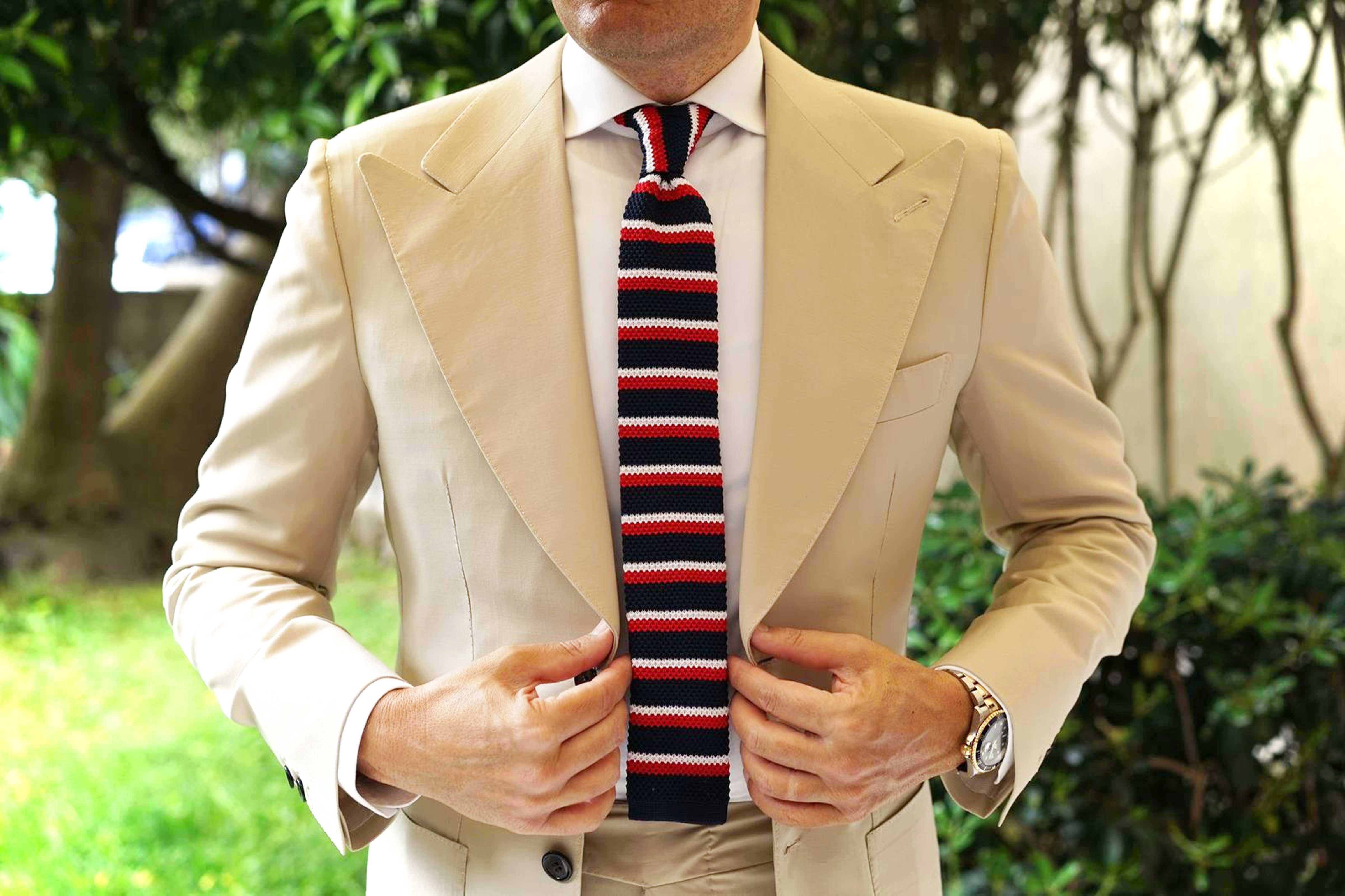 The Navy Blue American Knitted Tie with Red & White Stripes