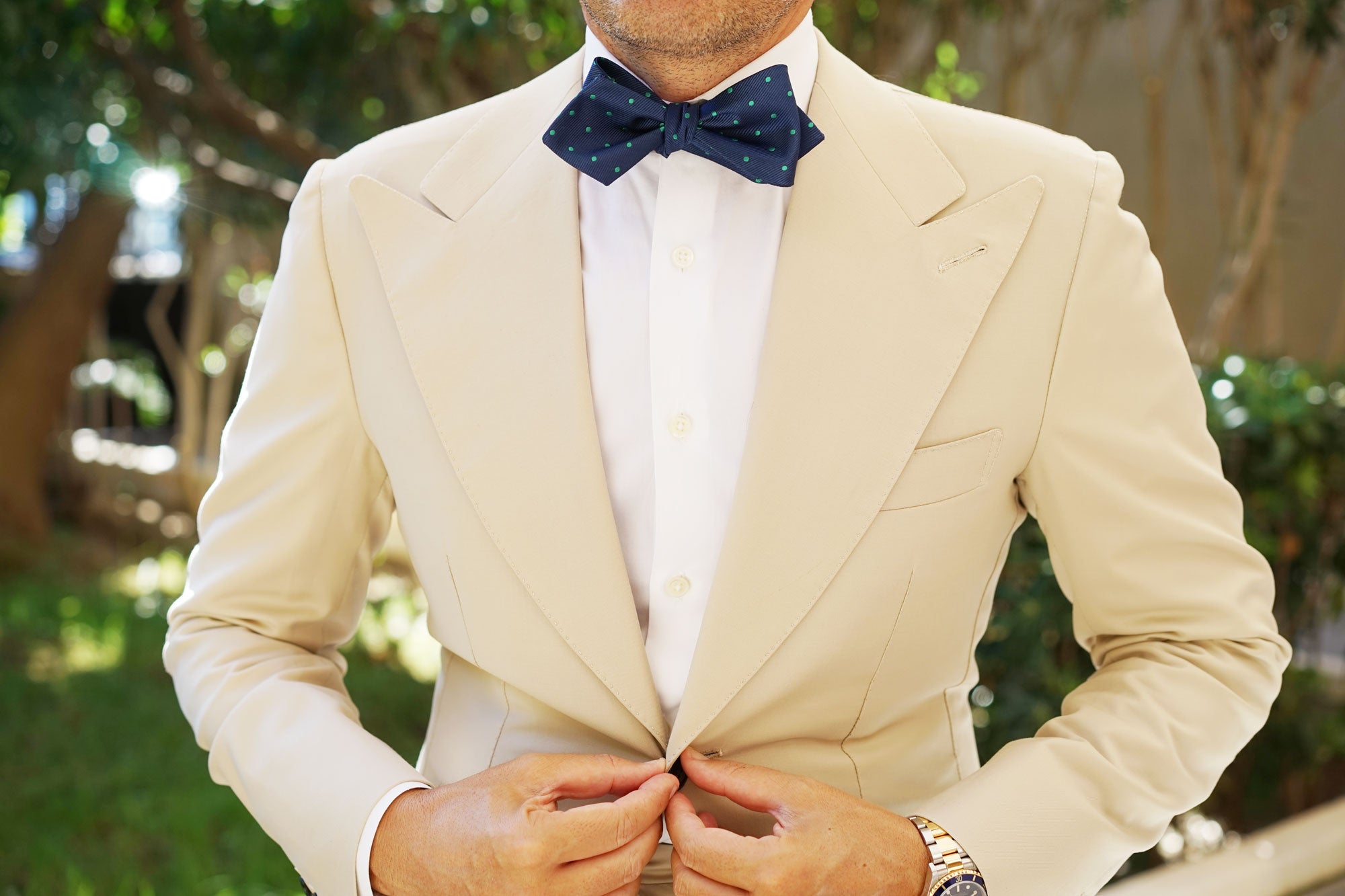 Navy Blue with Green Polka Dots Self Tie Diamond Tip Bow Tie