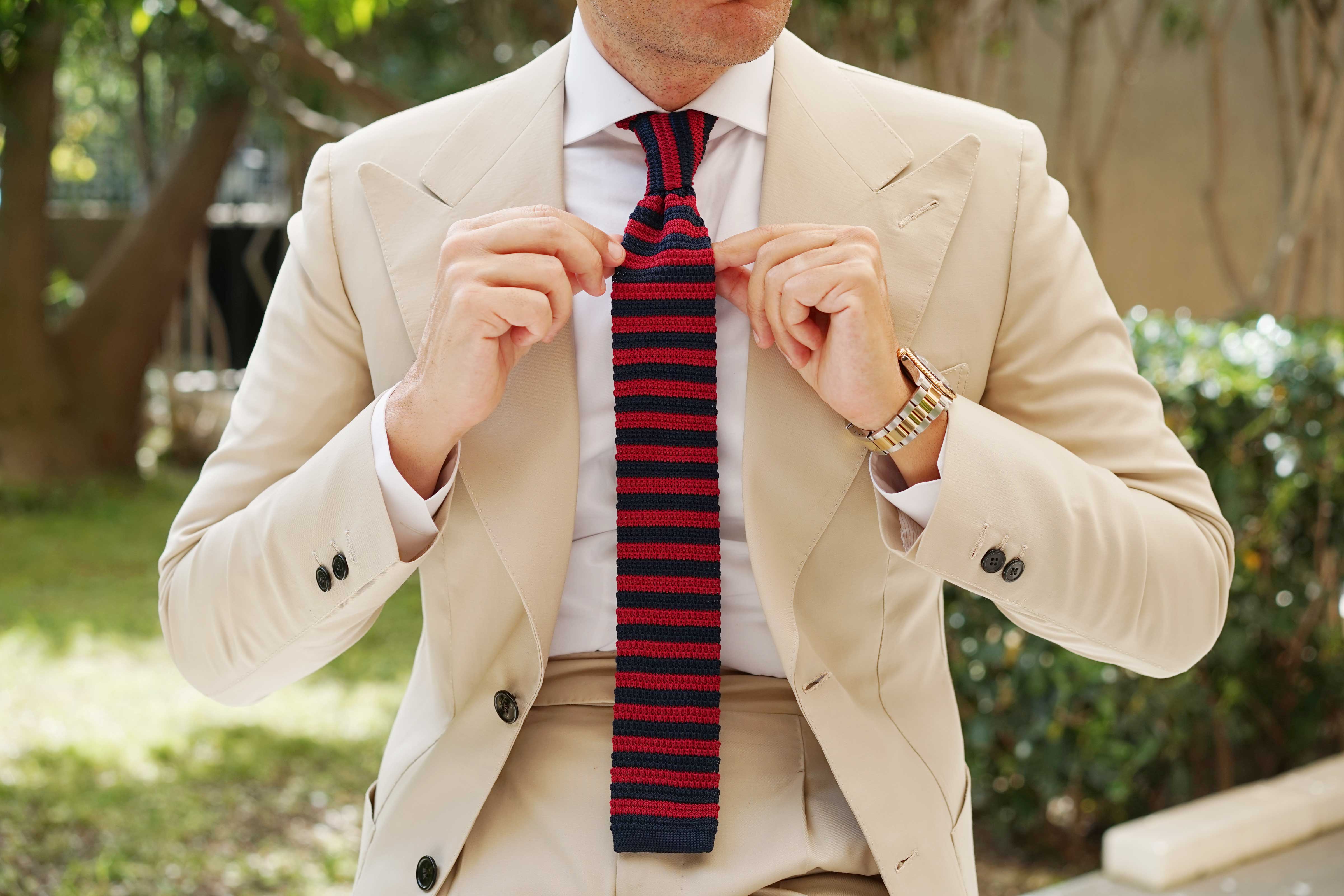 Doyle Navy Blue & Maroon Striped Knitted Tie