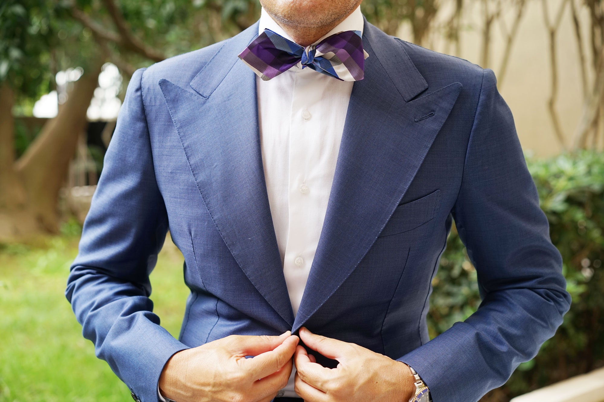 Royal Violet Checkered Self Tie Diamond Tip Bow Tie