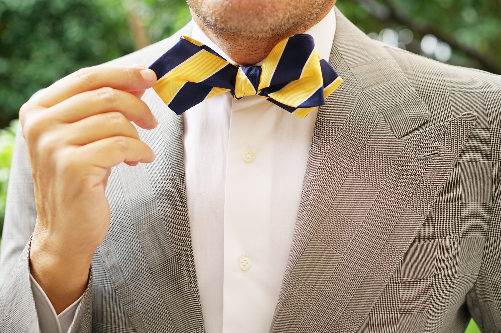 Yellow and Navy Blue Striped Self Tie Diamond Tip Bow Tie