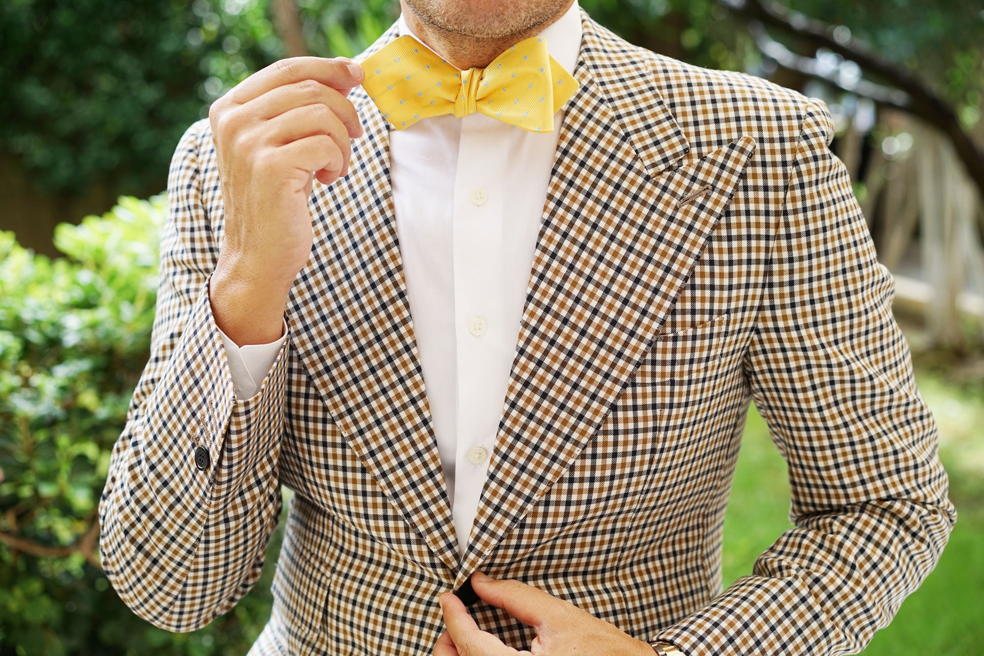 Yellow on Blue Pin Dots Diamond Self Bow Tie