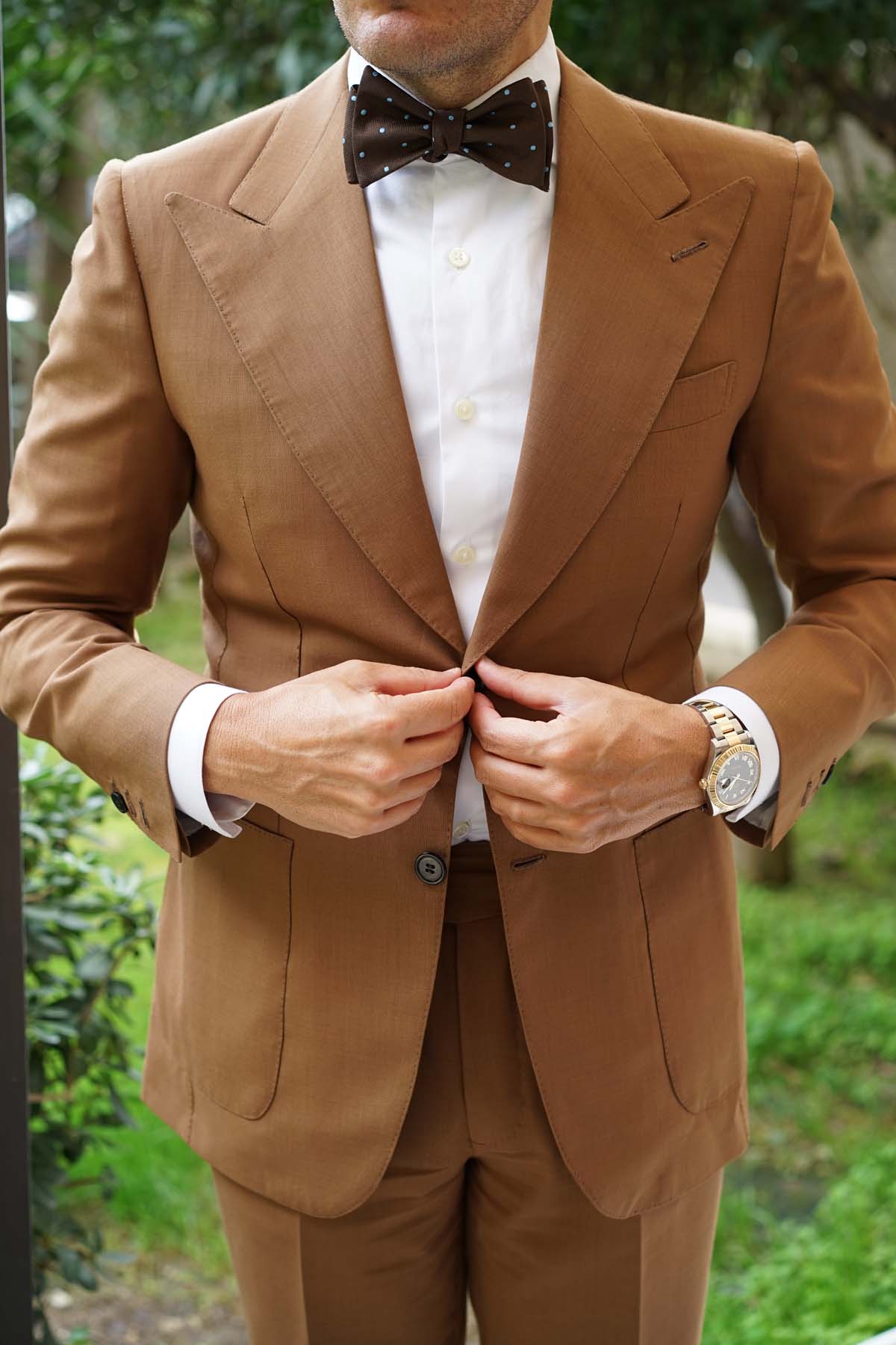 Brown on Blue Polkadot Self Bow Tie