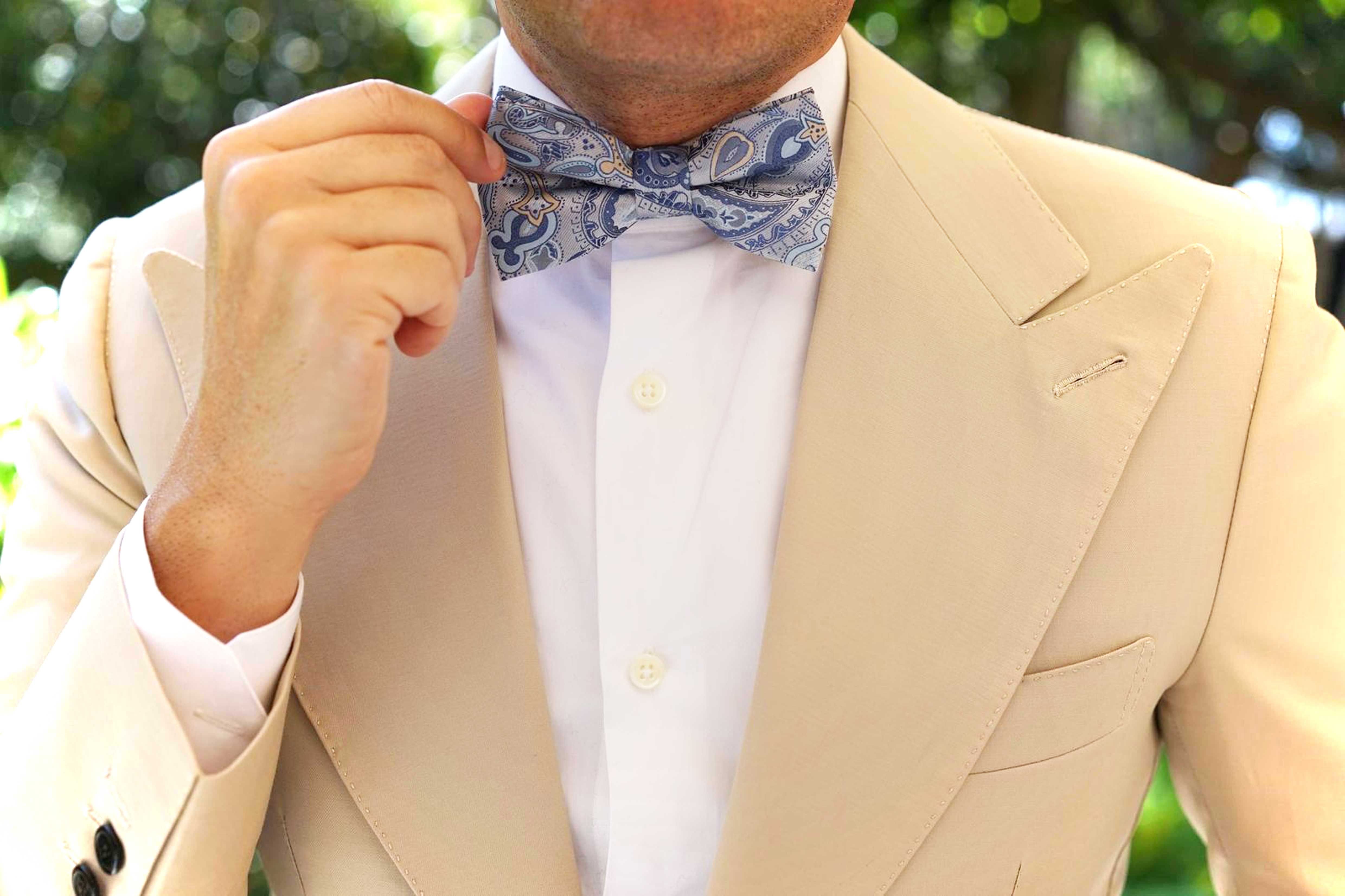 Paisley Silver Bow Tie with Light Blue