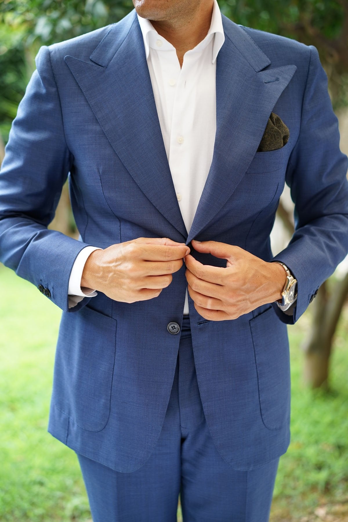 Essex Green Herringbone Textured Wool Pocket Square