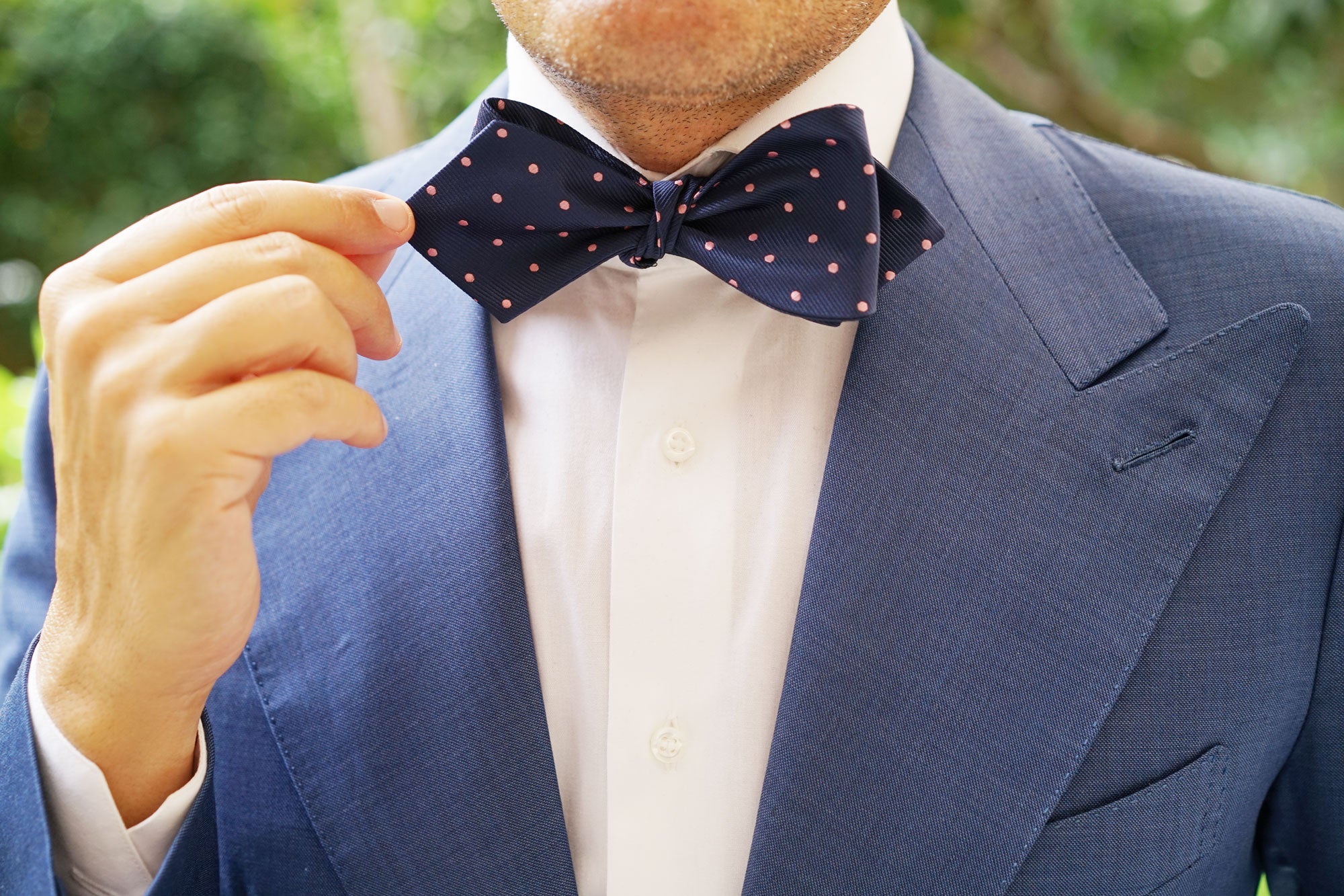 Navy Blue with Pink Polka Dots Self Tie Diamond Tip Bow Tie