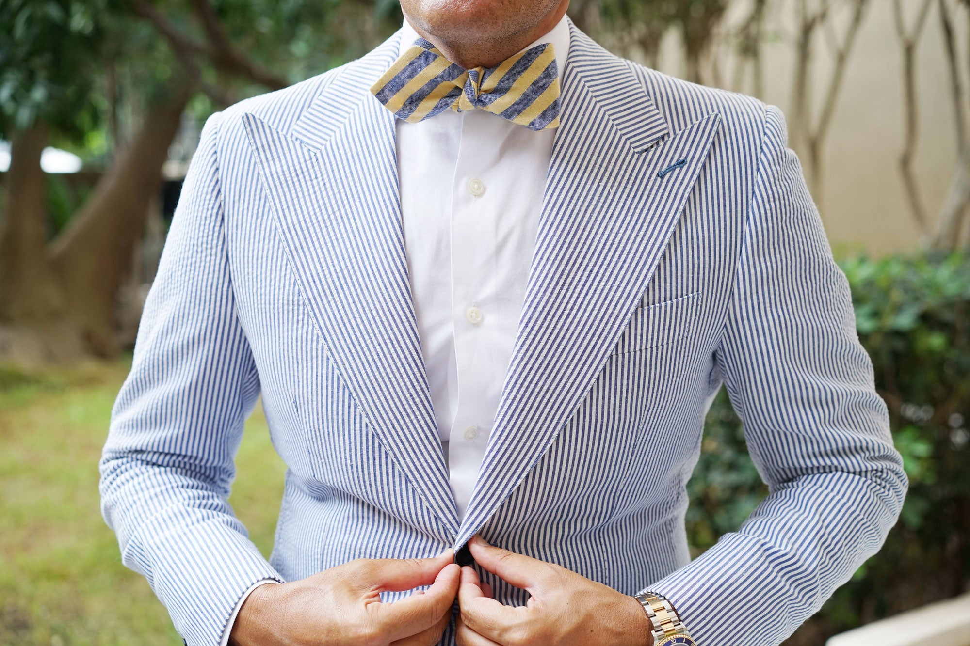 Yellow & Blue Bengal Linen Diamond Self Bow Tie