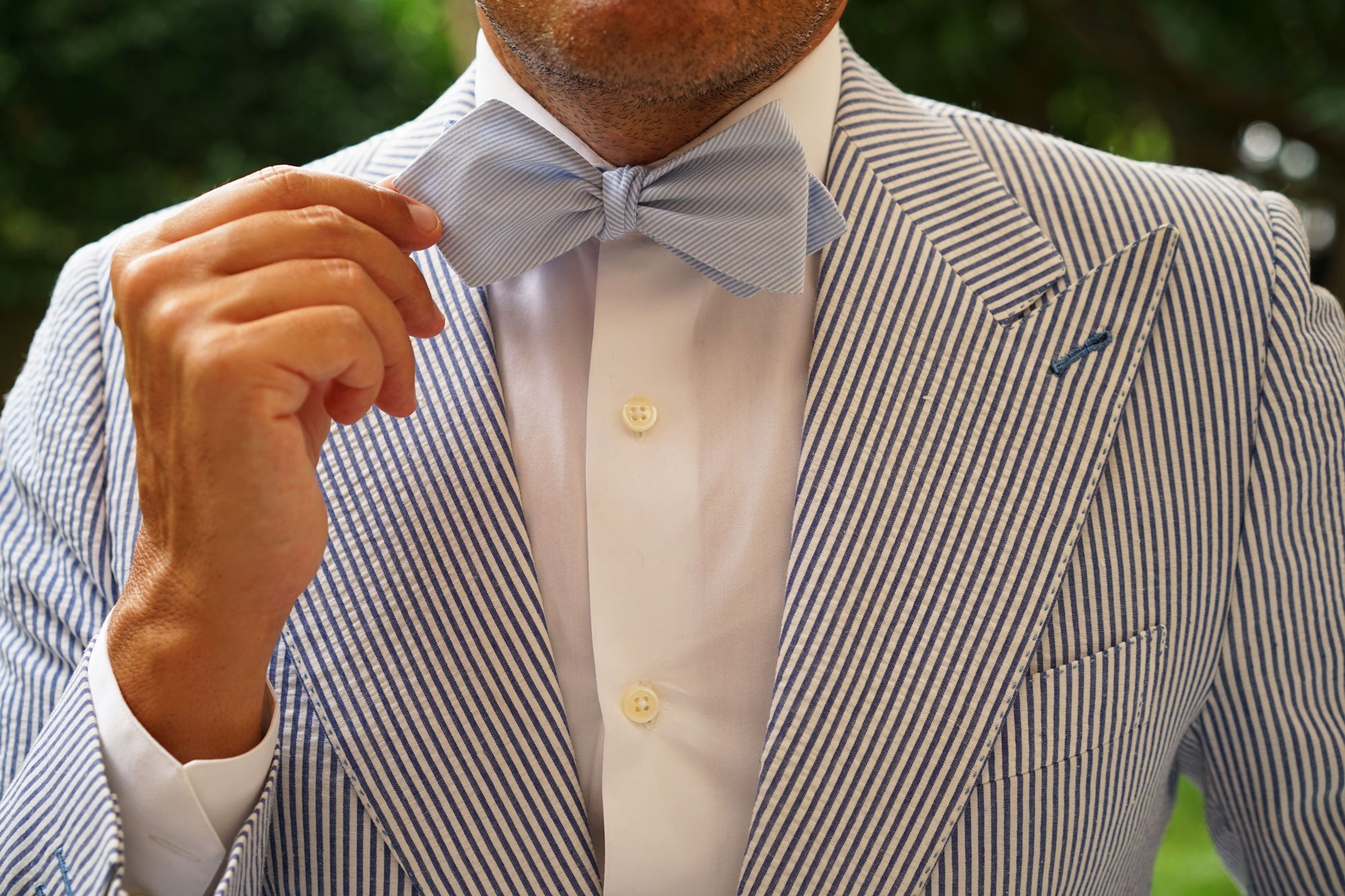 Light Blue Pinstripes Cotton Self Tie Diamond Bow Tie