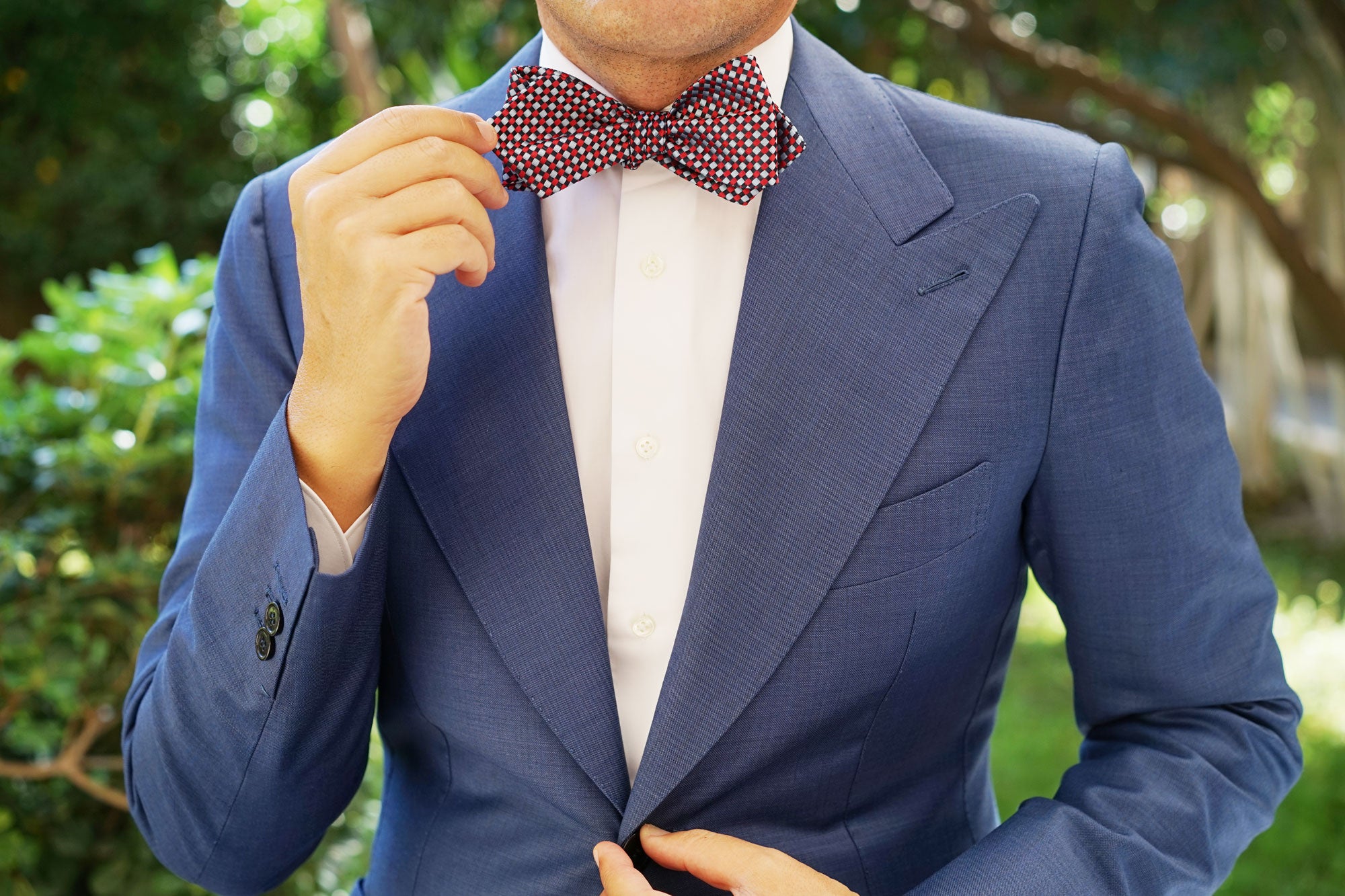 Navy and Light Blue Red Checkered Self Tie Diamond Tip Bow Tie