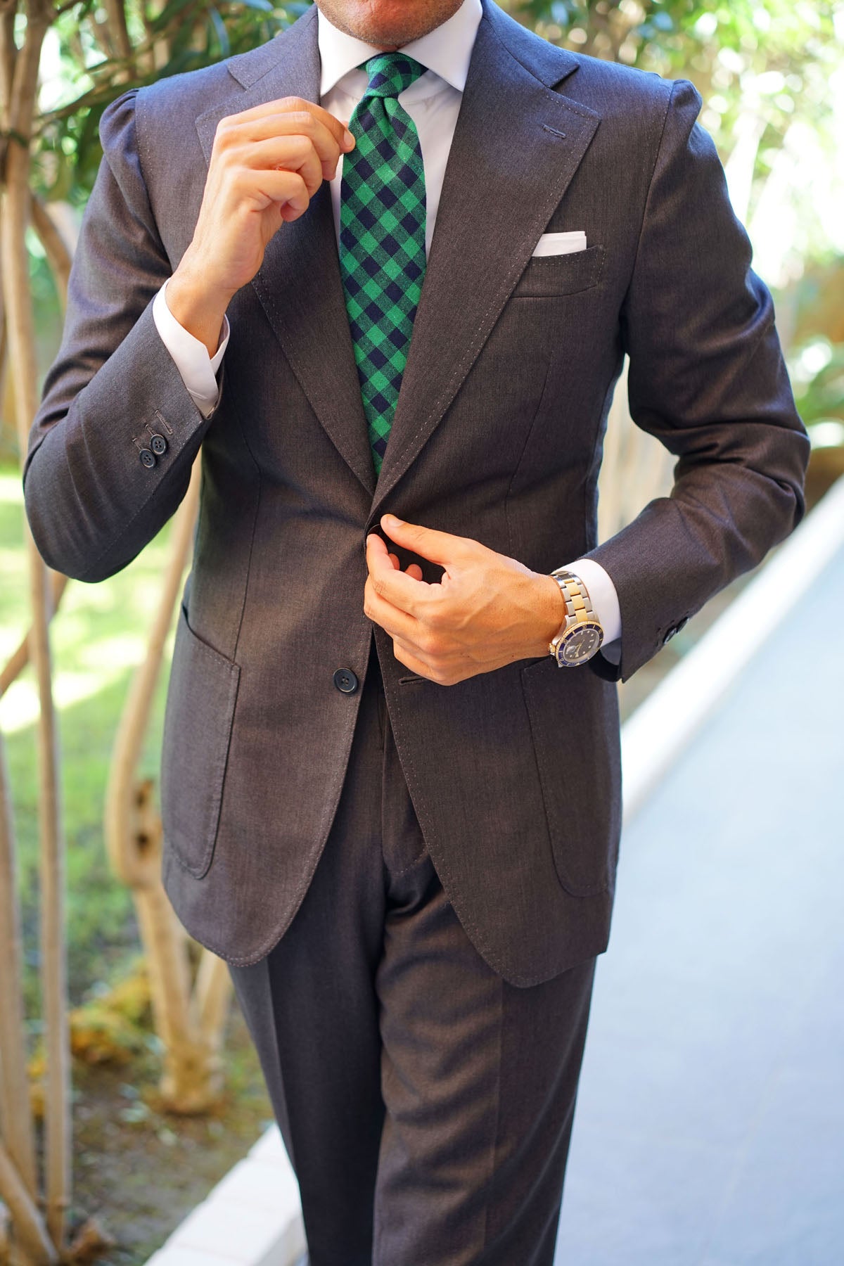 Raw Green Gingham Linen Tie