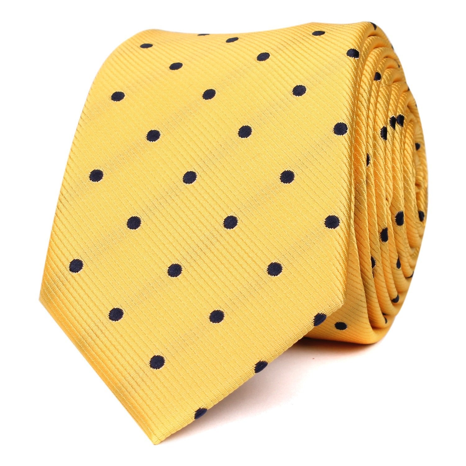 Yellow Skinny Tie with Navy Blue Polka Dots