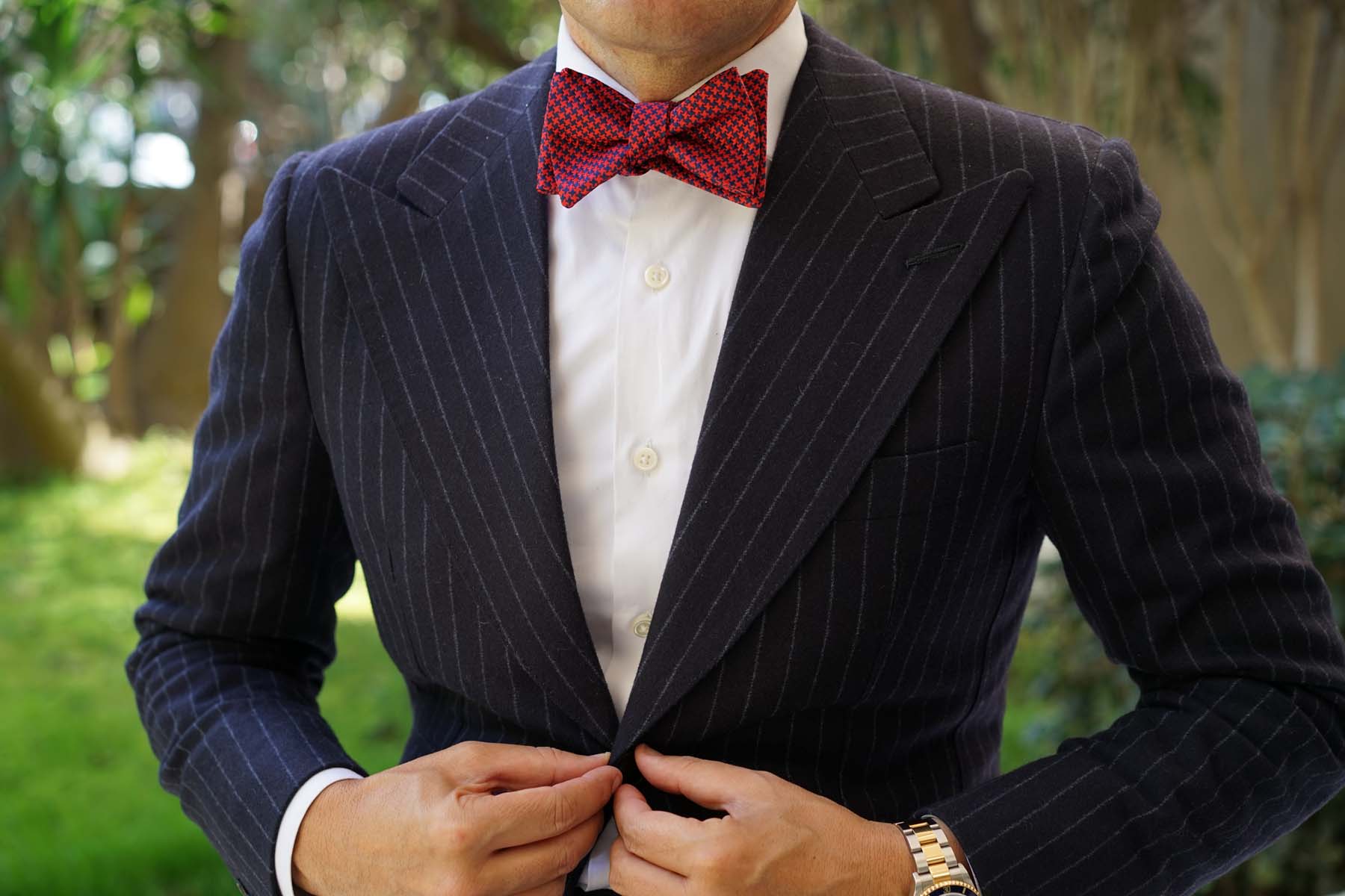 Scarlet Red Houndstooth Self Bow Tie