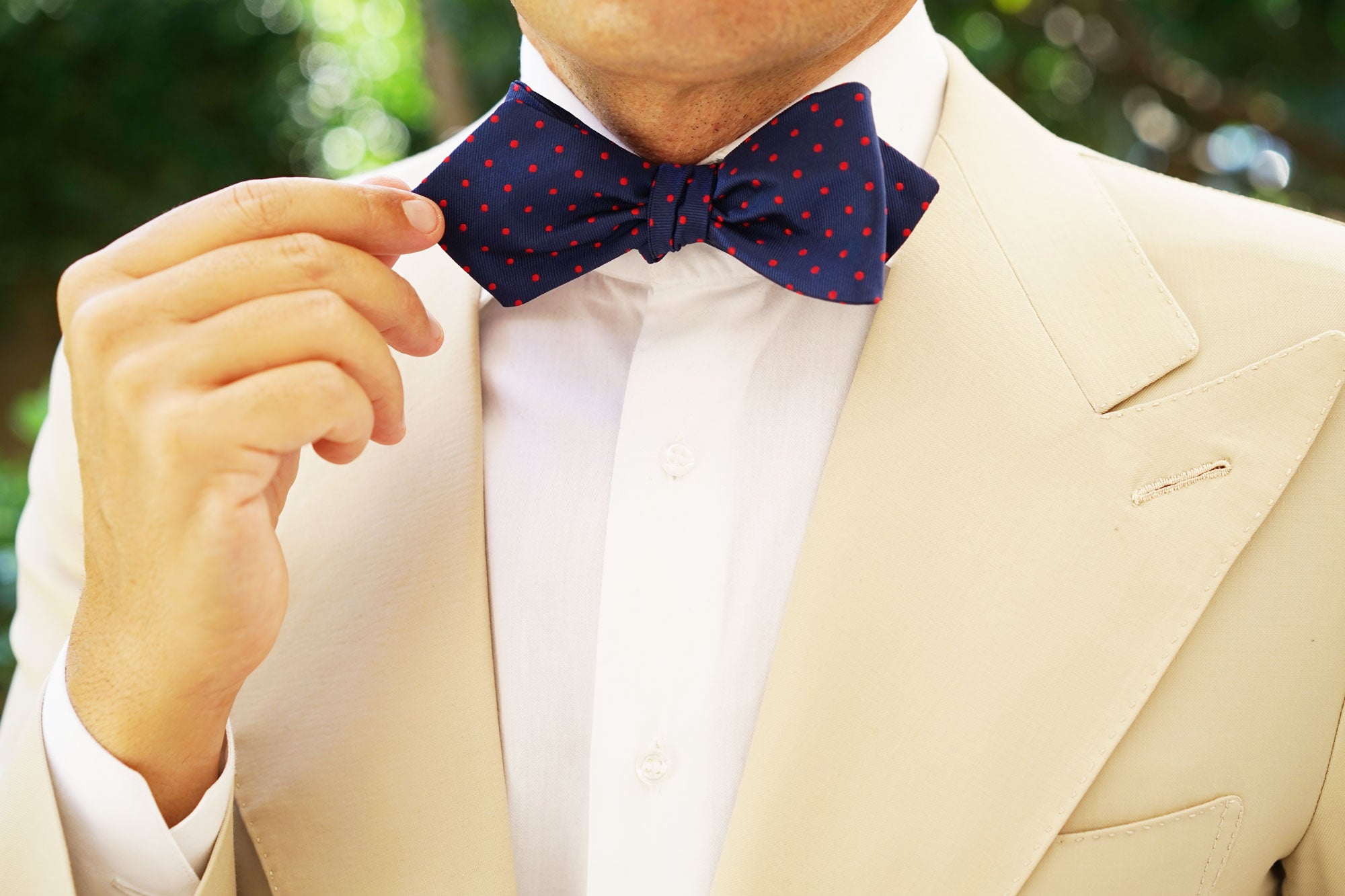 Navy on Red Mini Pin Dots Diamond Self Bow Tie