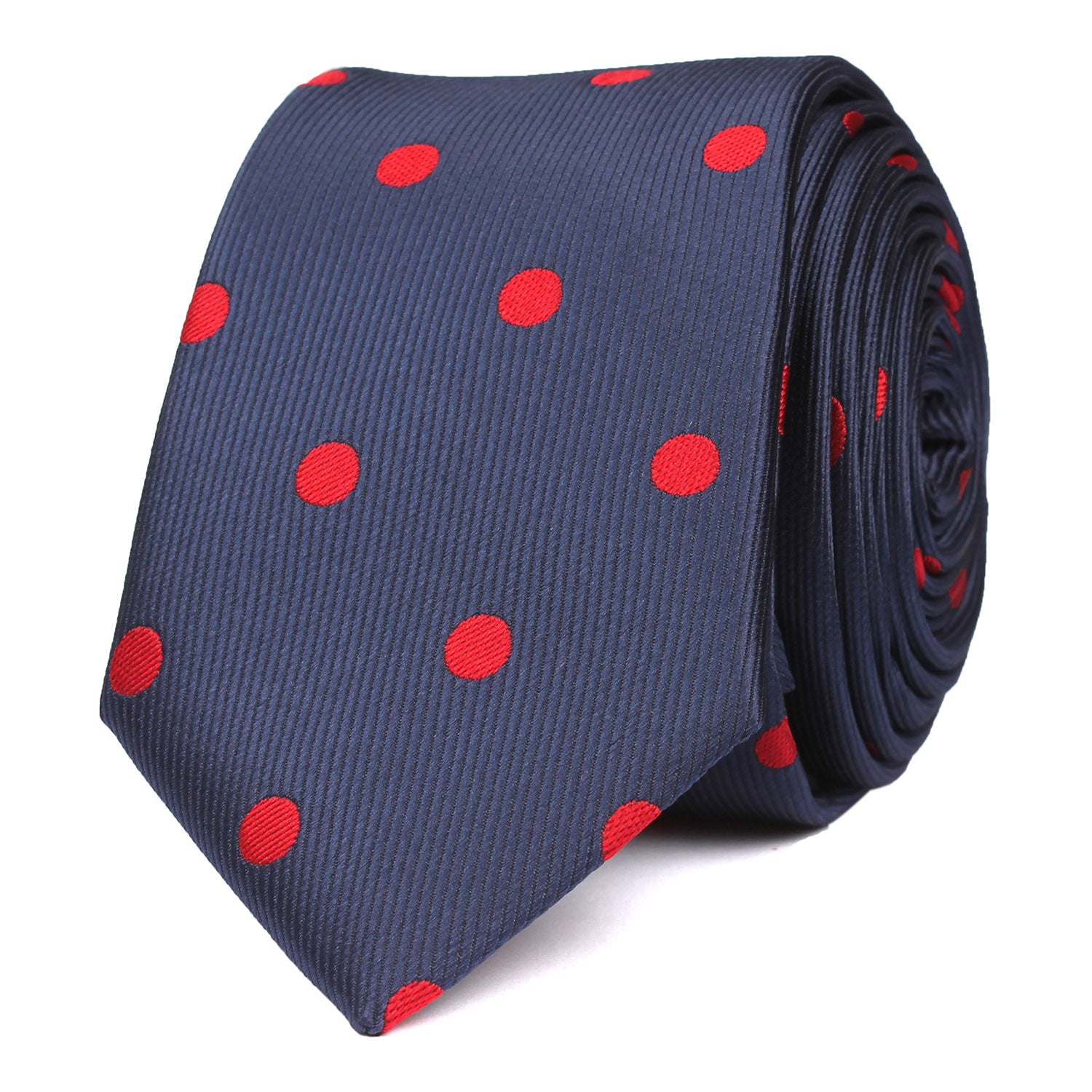 Navy Blue Skinny Tie with Red Polka Dots