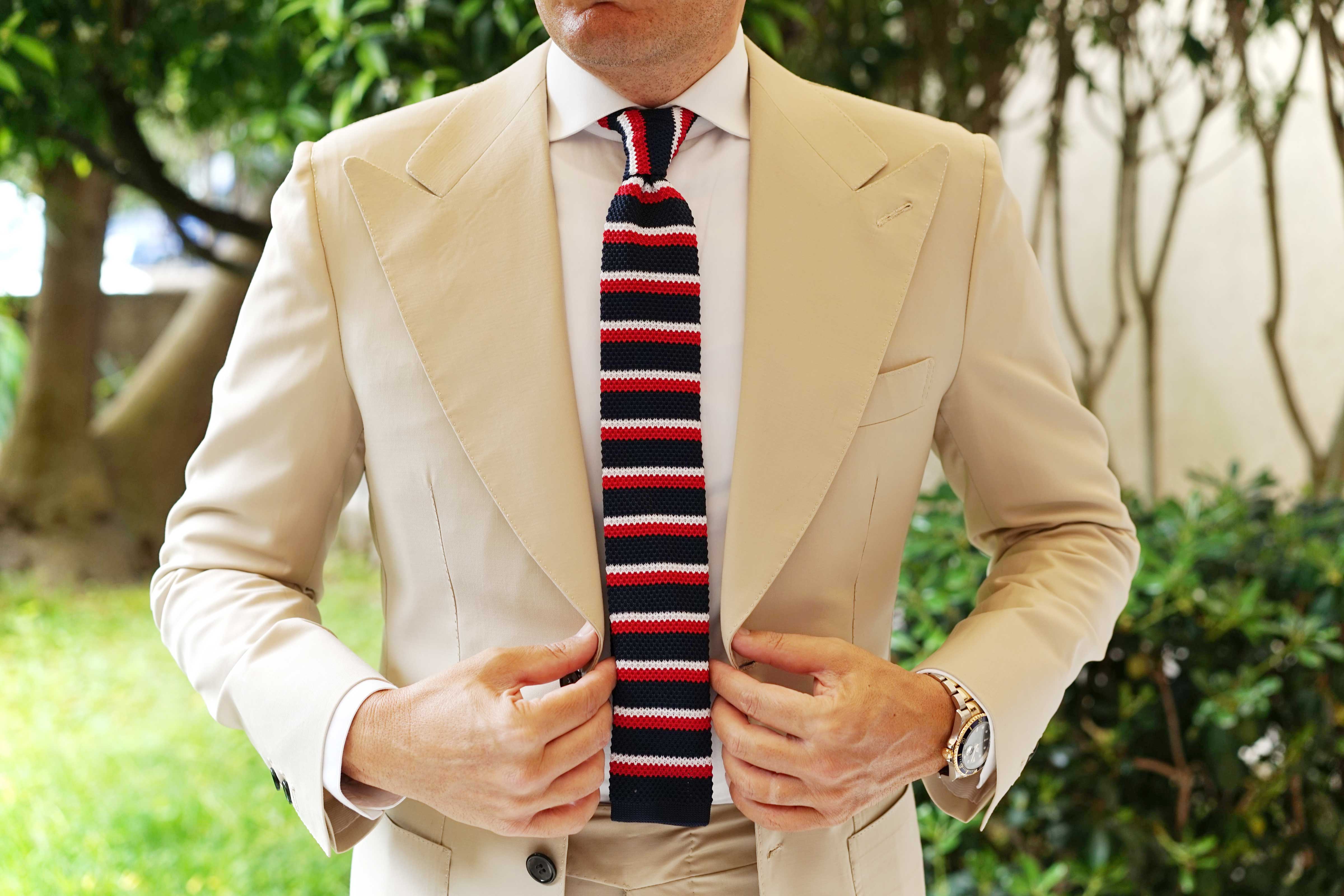 The Navy Blue American Knitted Tie with Red & White Stripes