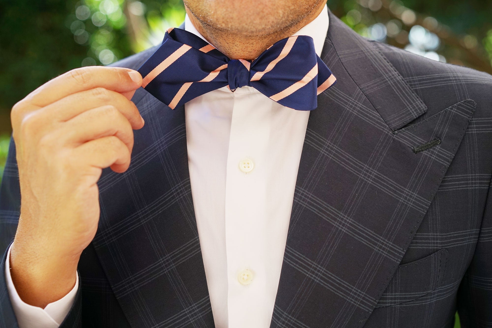 Navy Blue with Peach Stripes Self Tie Diamond Tip Bow Tie