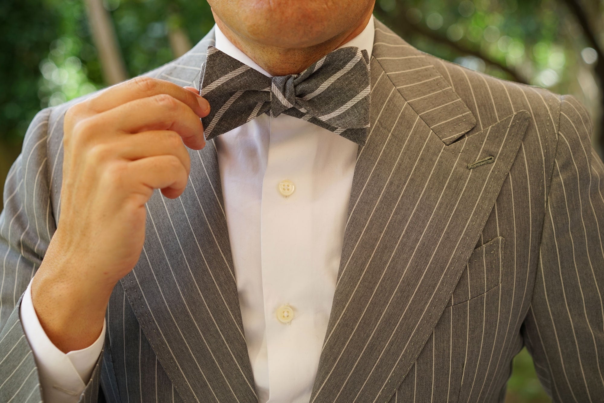 Galileo Pewter Grey Striped Linen Self Bow Tie