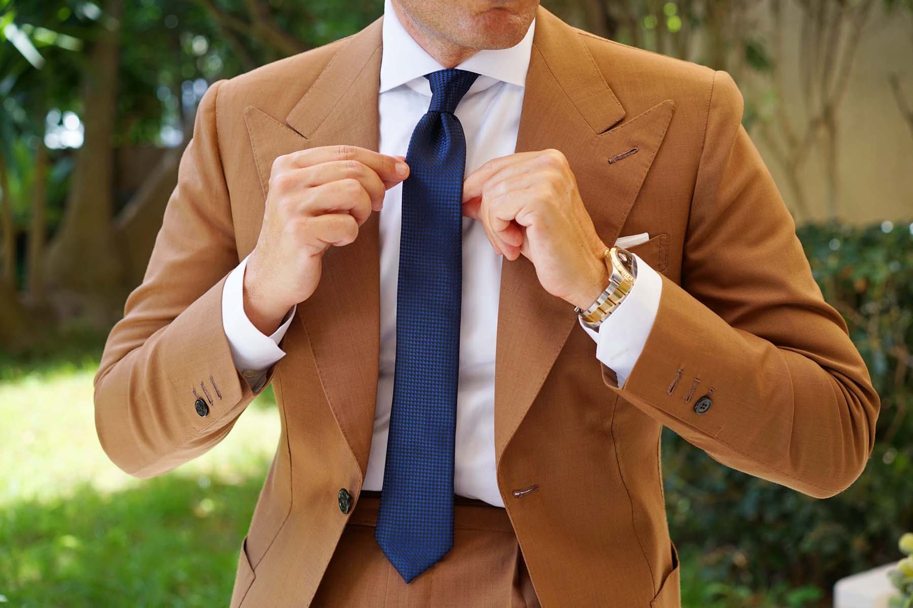 Navy Blue Basket Weave Checkered Skinny Tie