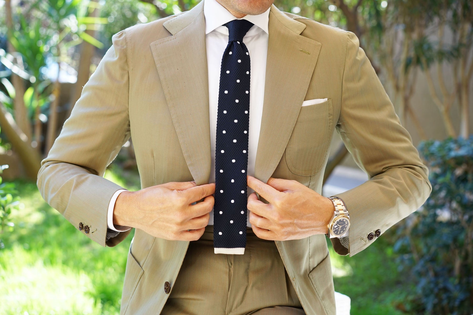 The Sailor Navy Blue Knitted Tie with White Polka Dots