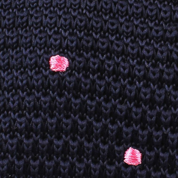 Navy Blue Knitted Tie with Pink Polka Dots