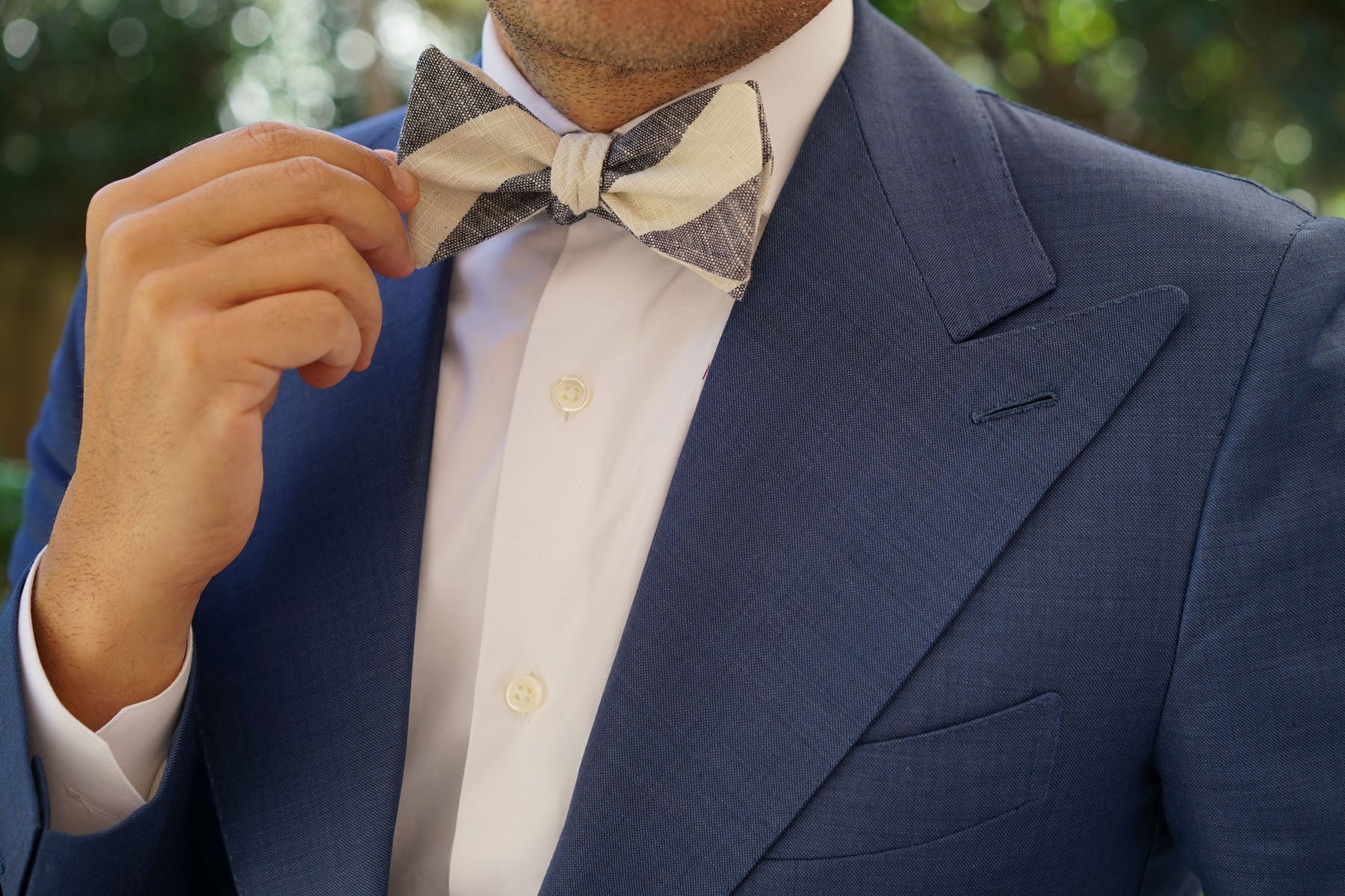 Kekova Blue Striped Linen Self Bow Tie