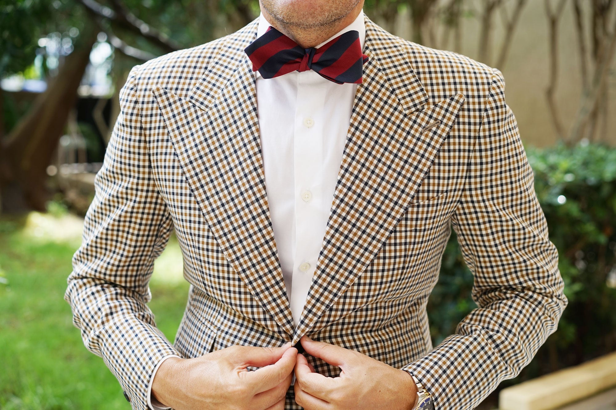 Burgundy & Navy Blue Stripes Diamond Self Bow Tie