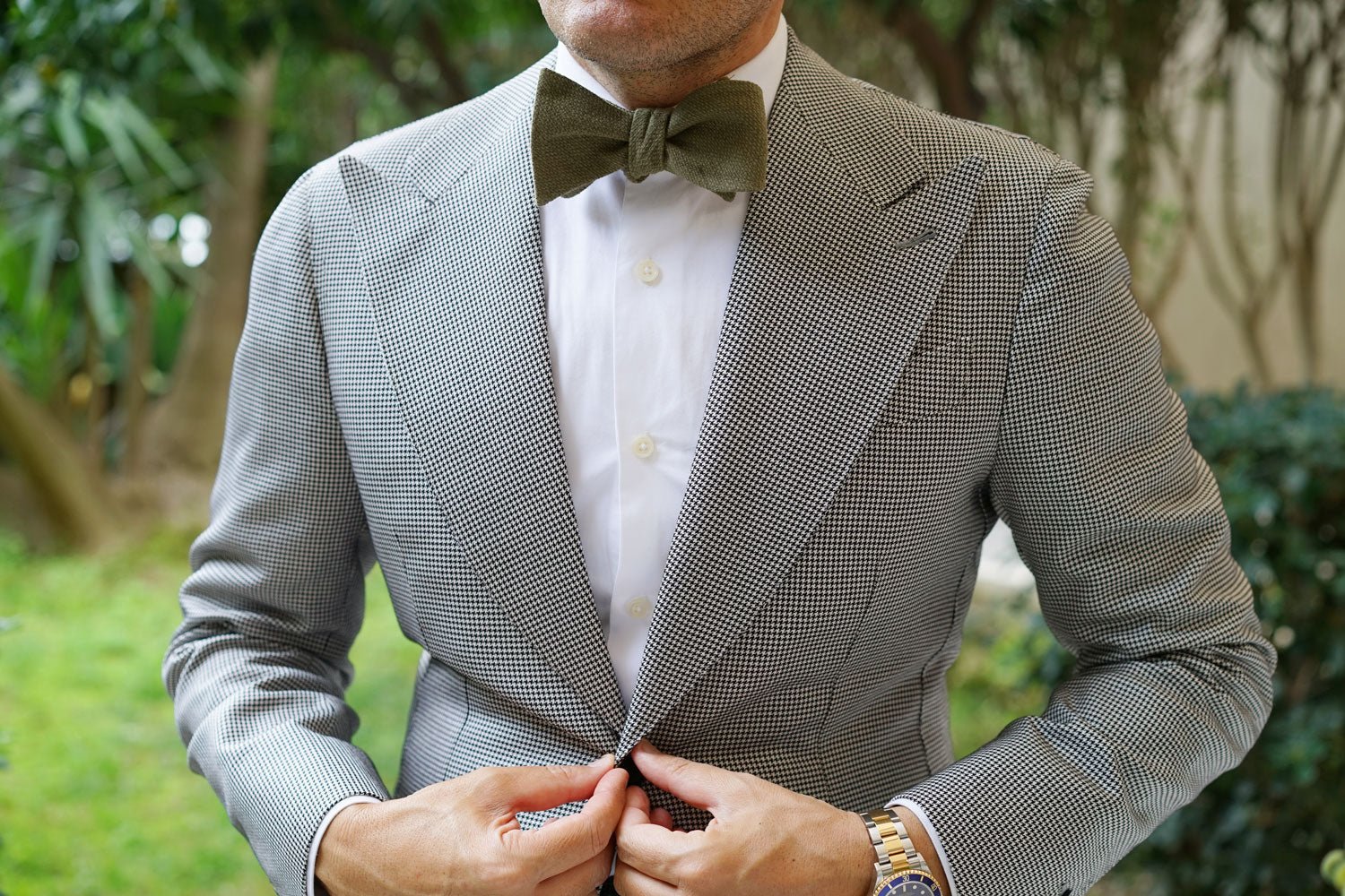 Olive Green Basket Weave Linen Self Bow Tie