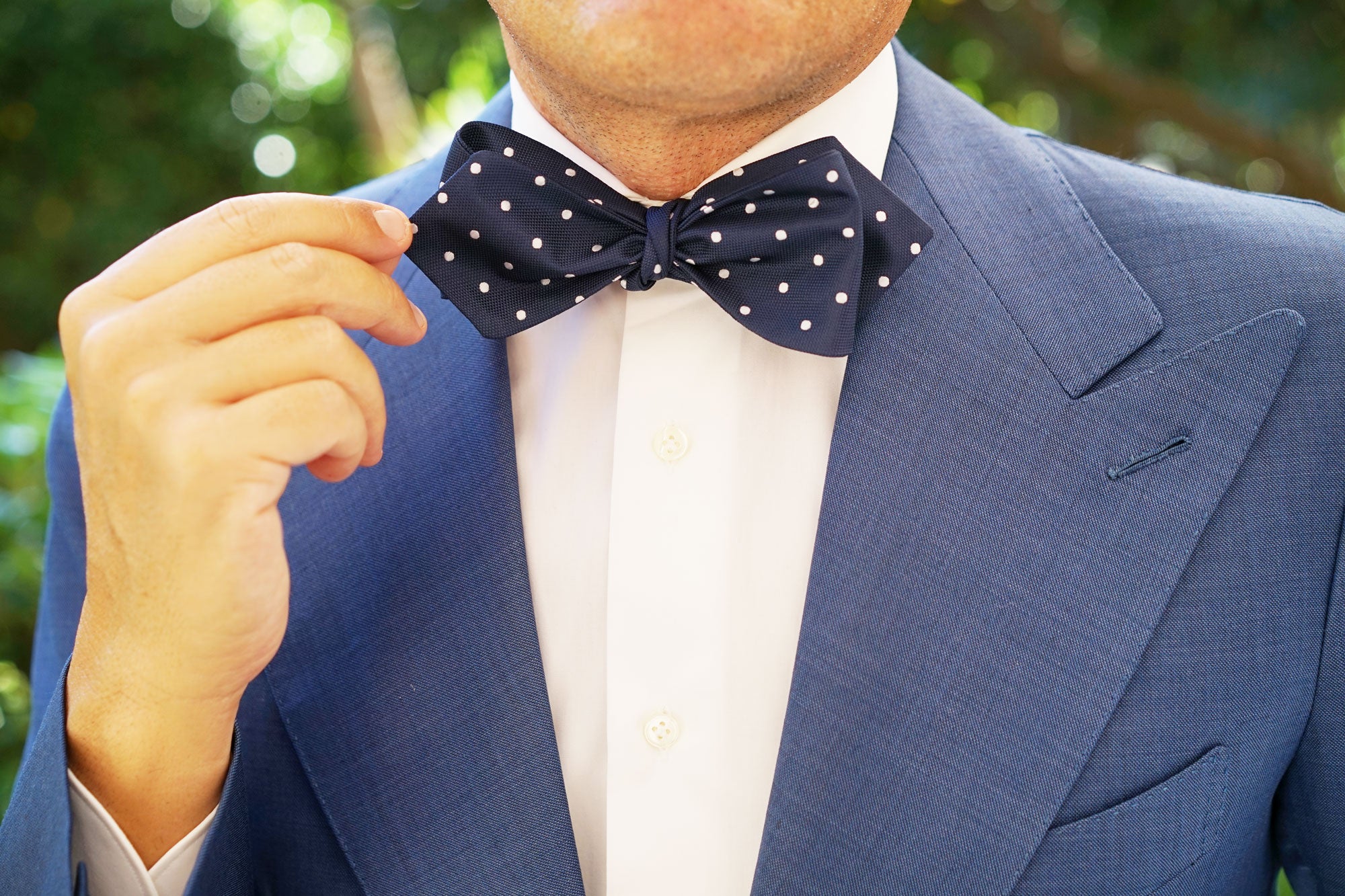 Navy Blue with White Polka Dots Self Tie Diamond Tip Bow Tie