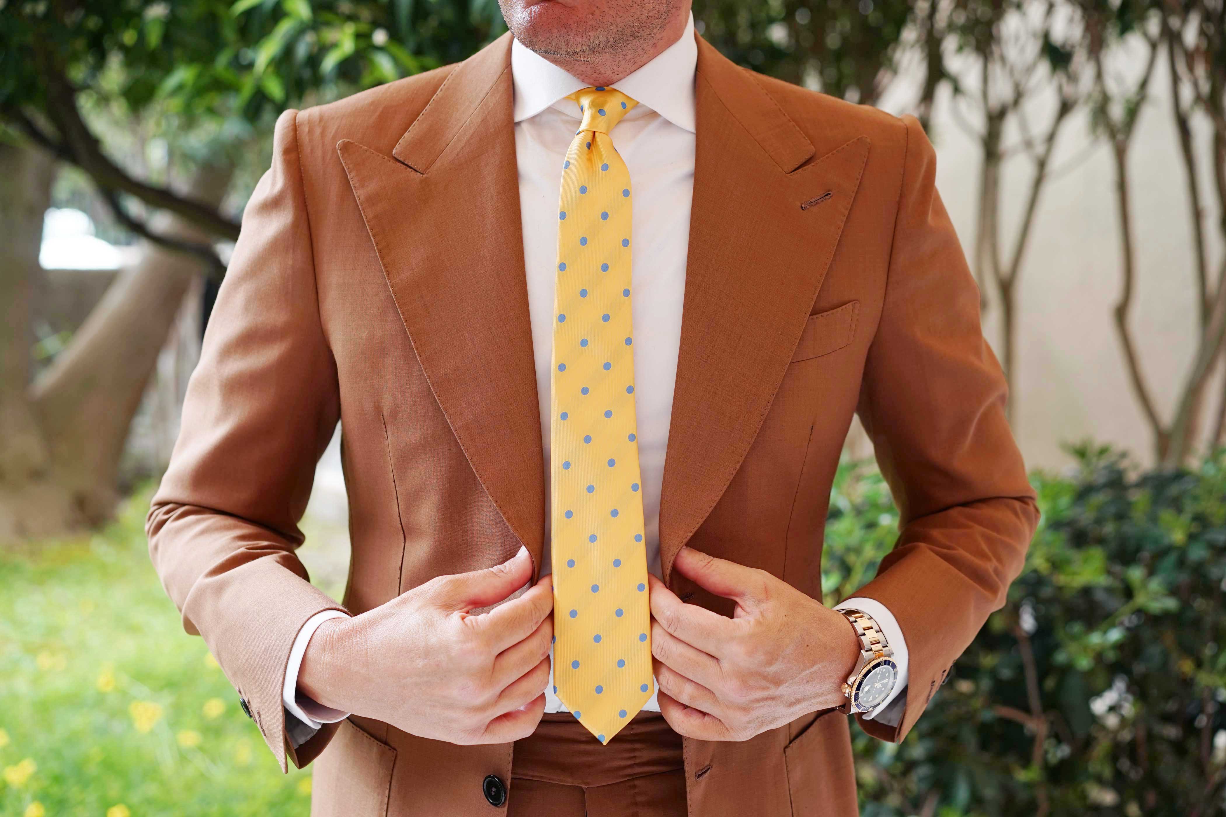 Yellow Skinny Tie with Light Blue Polka Dots