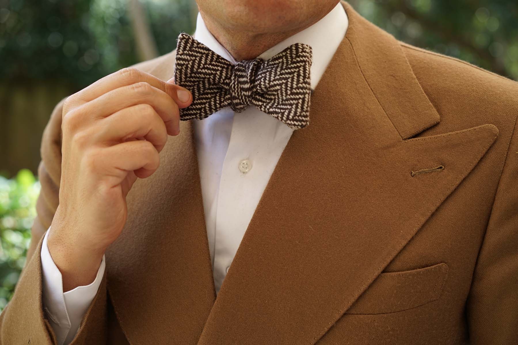 Brown Chevron Wool Self Bow Tie