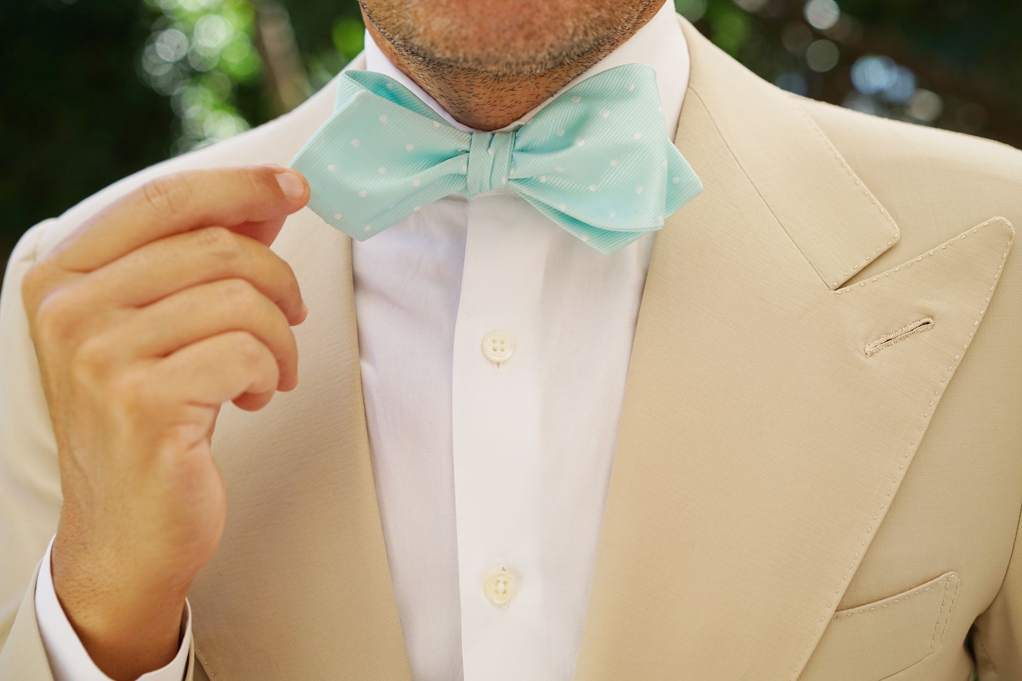 Mint Green with White Polka Dots Self Tie Diamond Tip Bow Tie