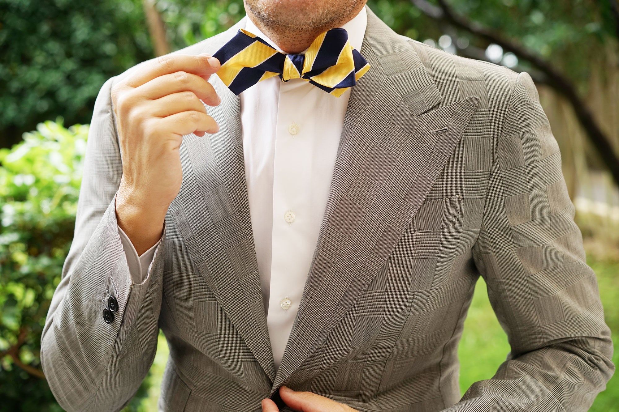 Yellow and Navy Blue Striped Self Tie Diamond Tip Bow Tie