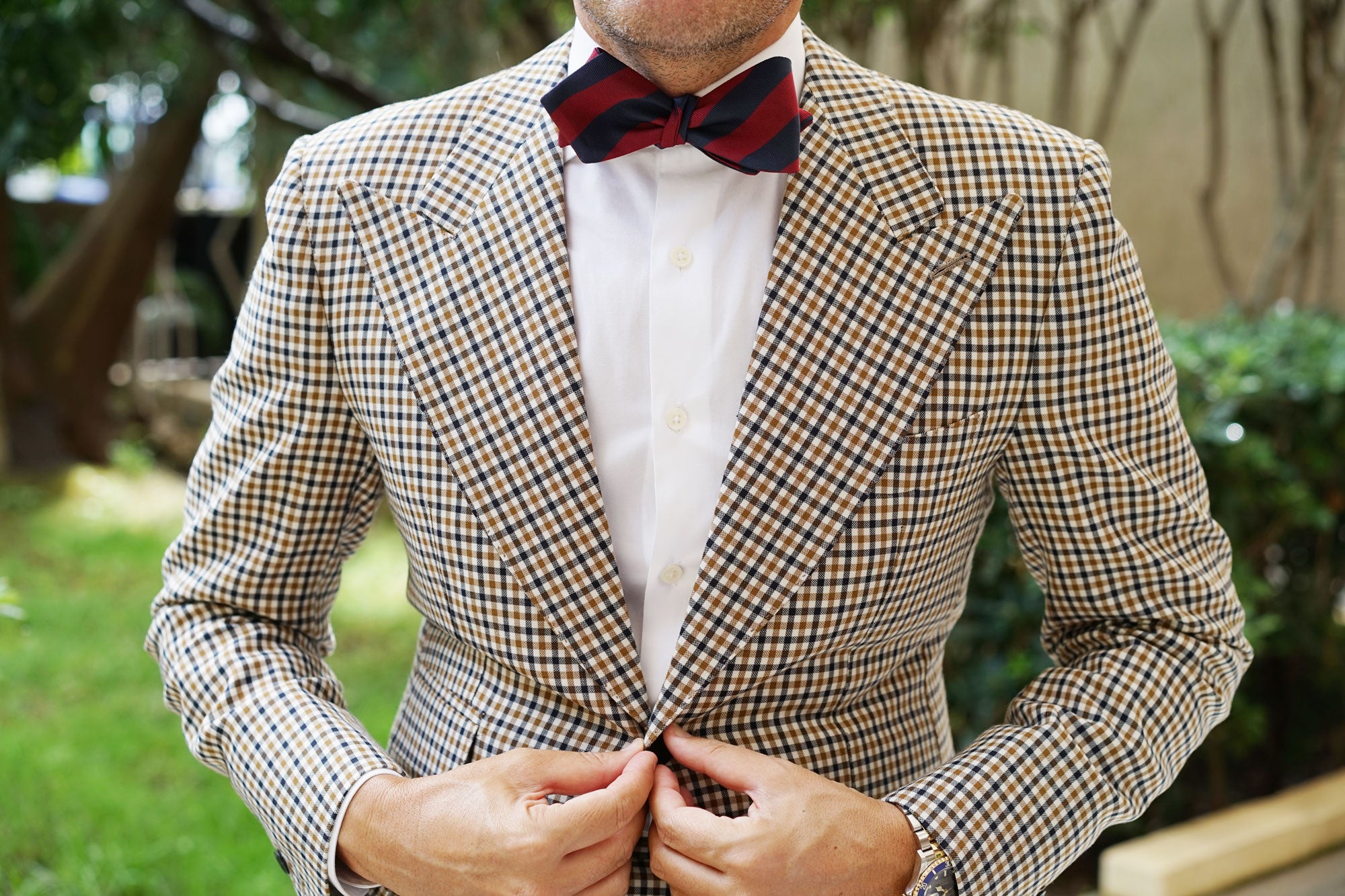 Burgundy & Navy Blue Stripes Diamond Self Bow Tie