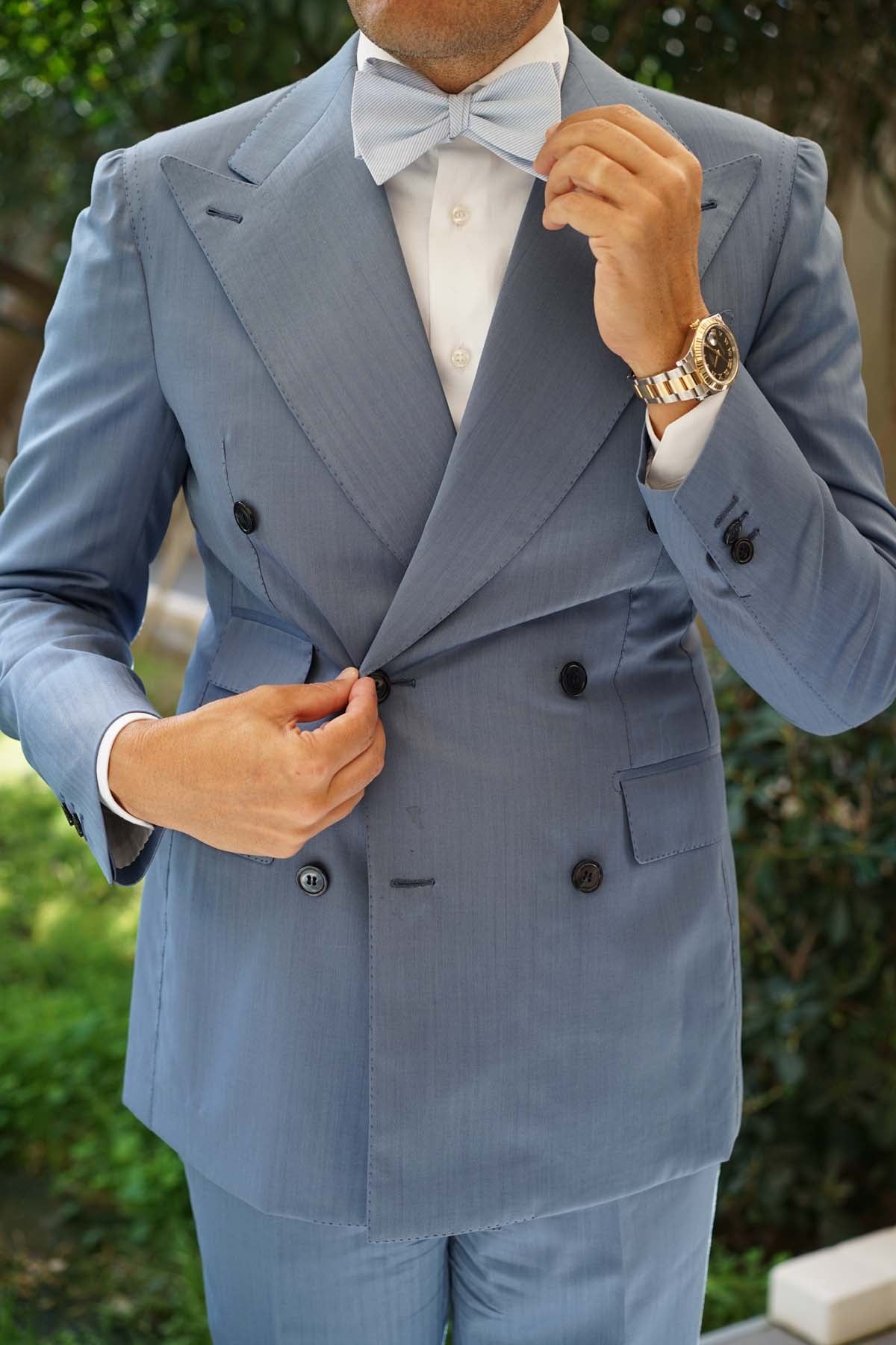 Light Blue and White Pinstripes Cotton Self Tie Bow Tie