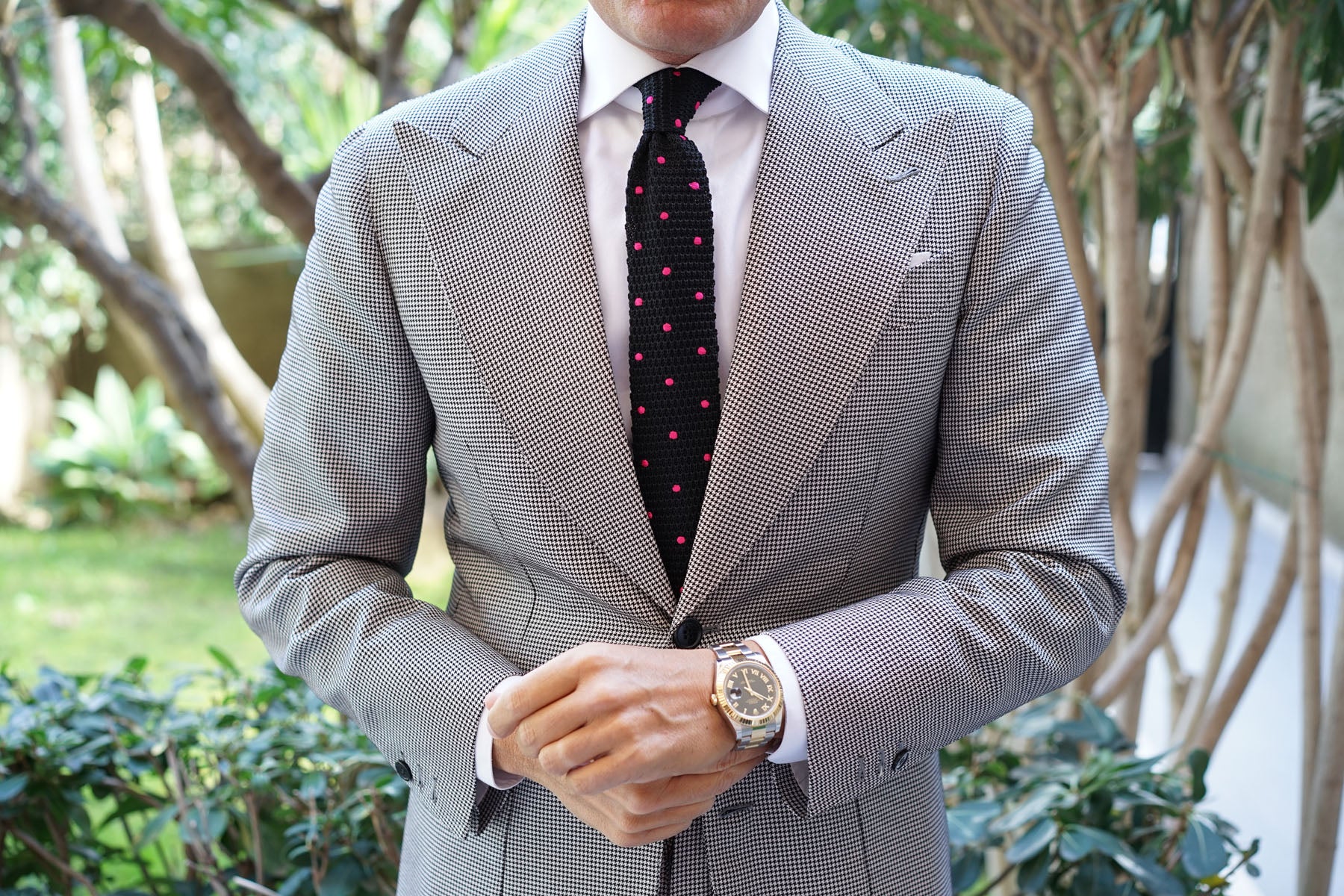 DeVito Black with Pink Polkadots Knitted Tie