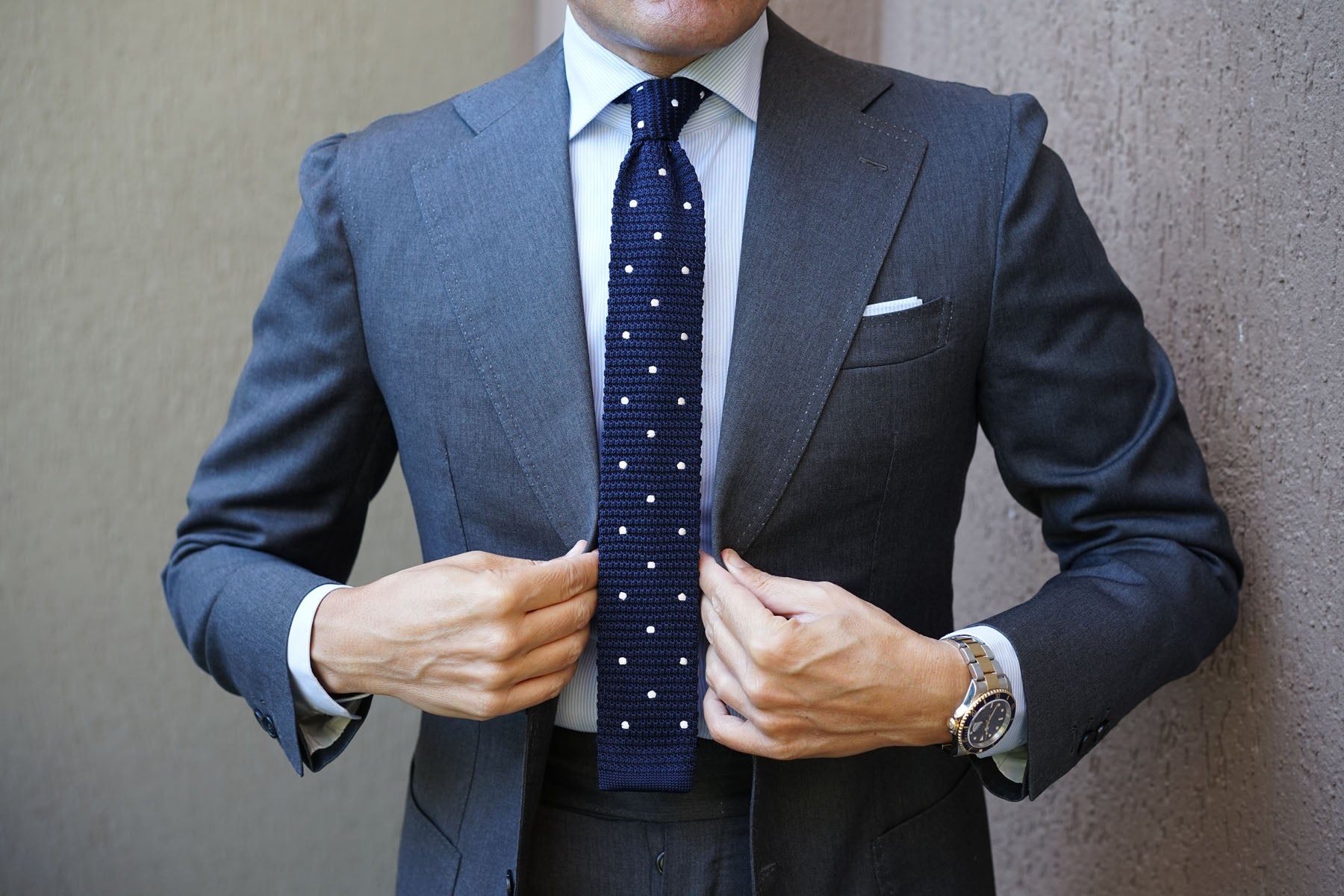 Navy Blue Knitted Tie with White Polka Dots