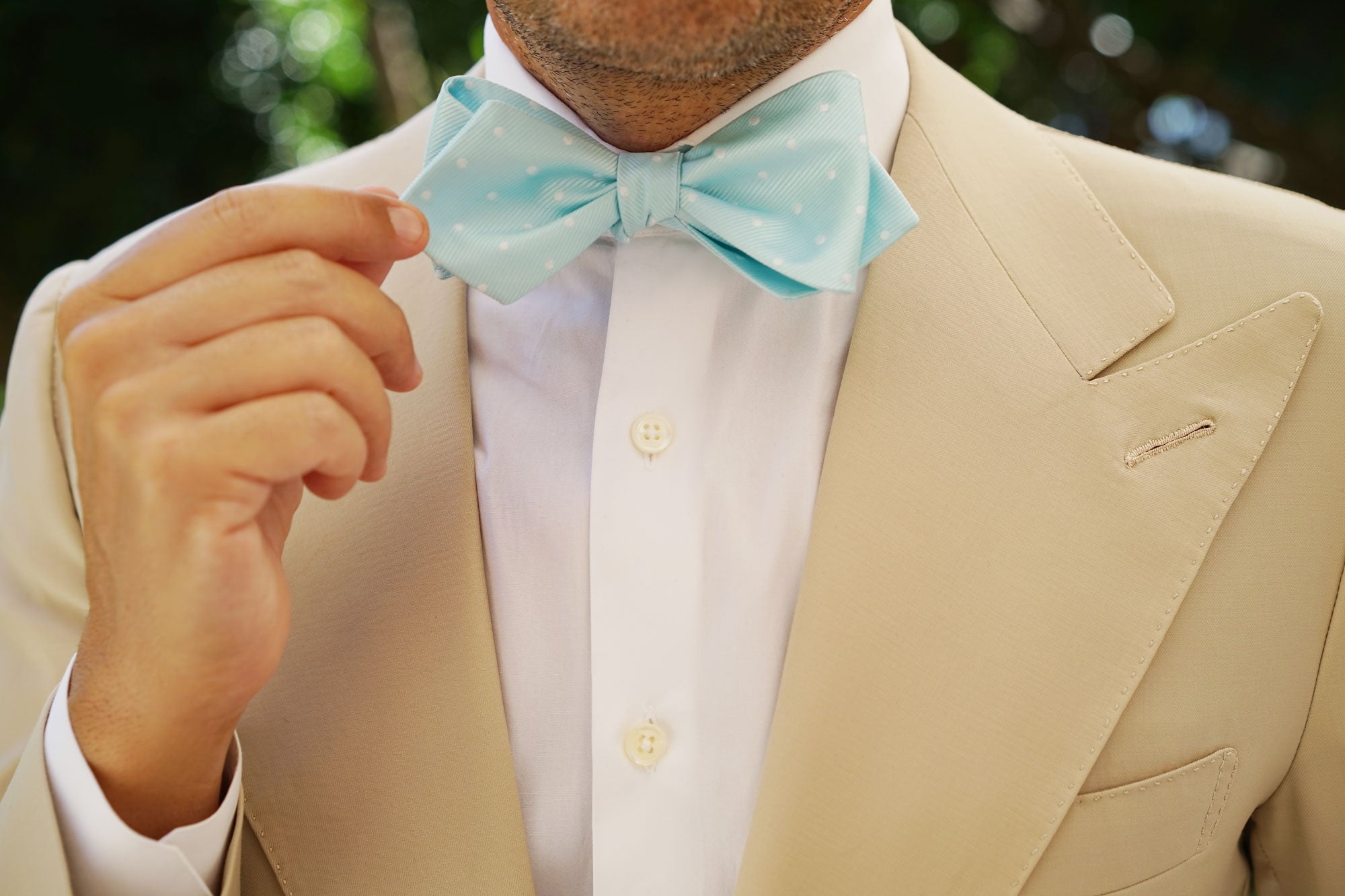 The OTAA Mint Blue with White Polka Dots Self Tie Diamond Tip Bow Tie